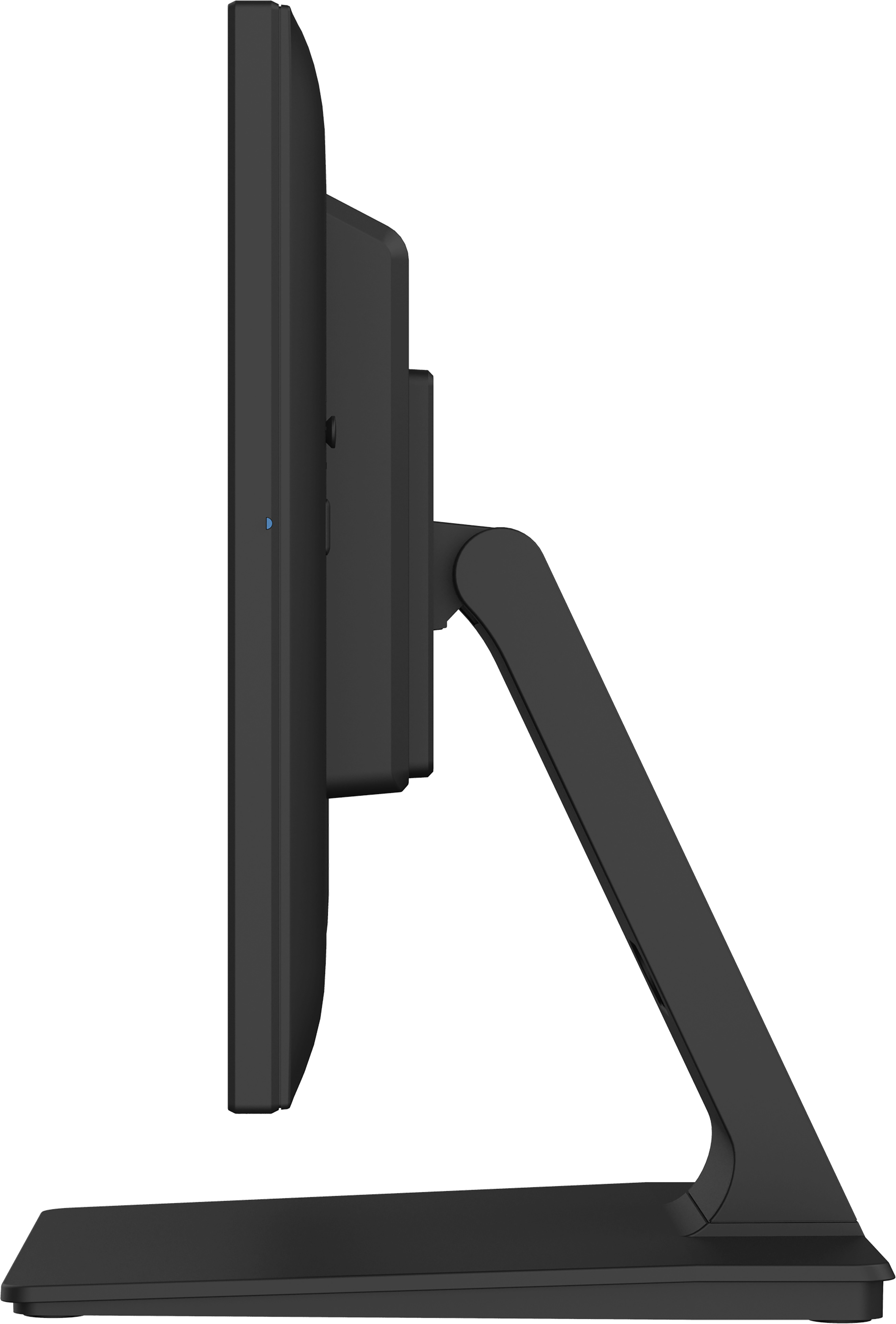 Widok z boku czarnego monitora komputera. Posiada podstawkę i różne porty.