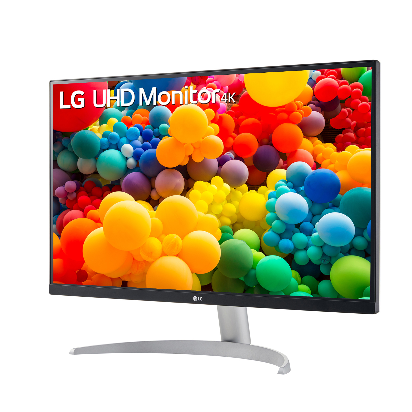 Monitor LG UHD 4K. Lo schermo mostra bolle colorate. Il monitor ha un supporto argentato.