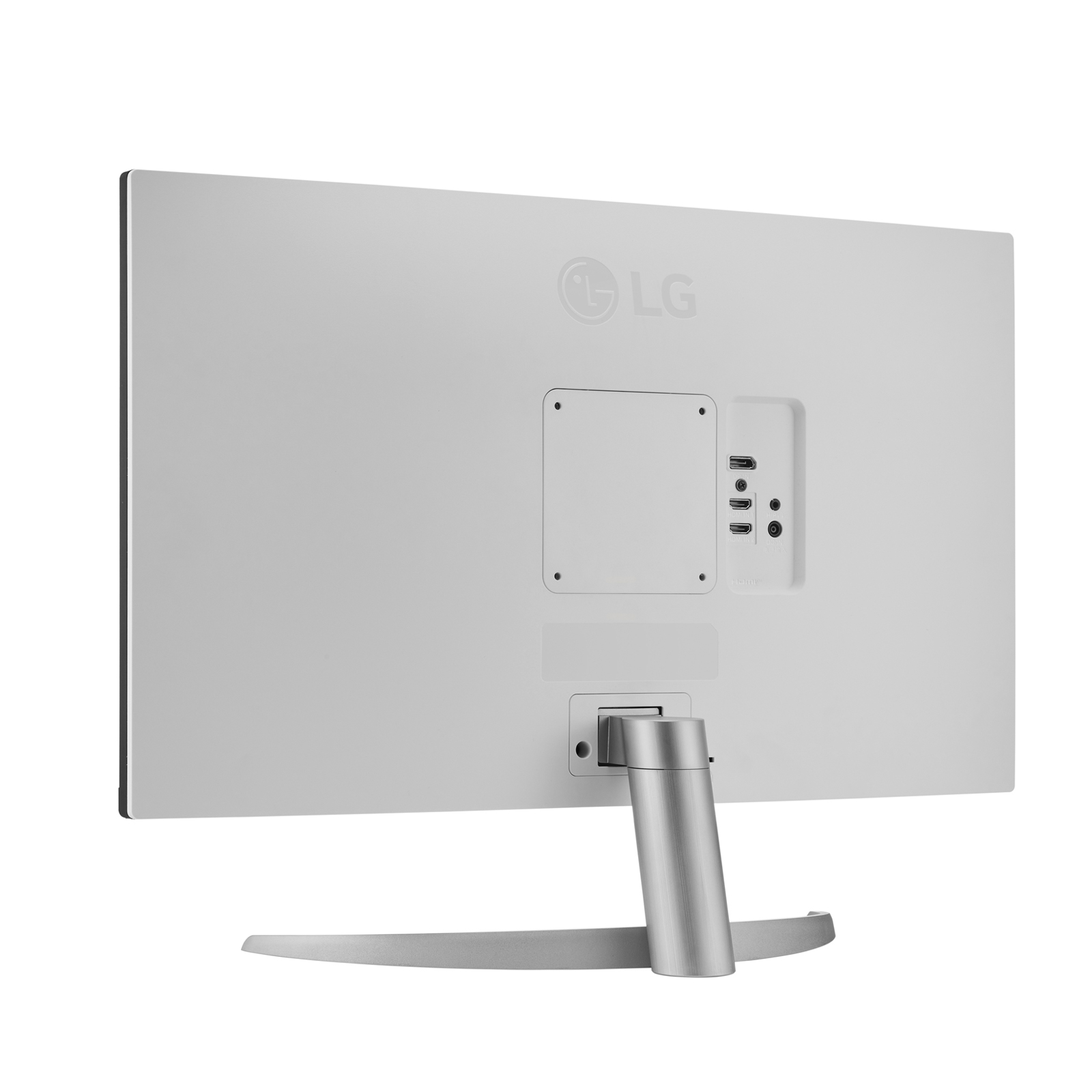 Retro di un monitor LG. Mostra porte e il logo LG su una superficie grigio chiaro. Supporto argentato visibile.