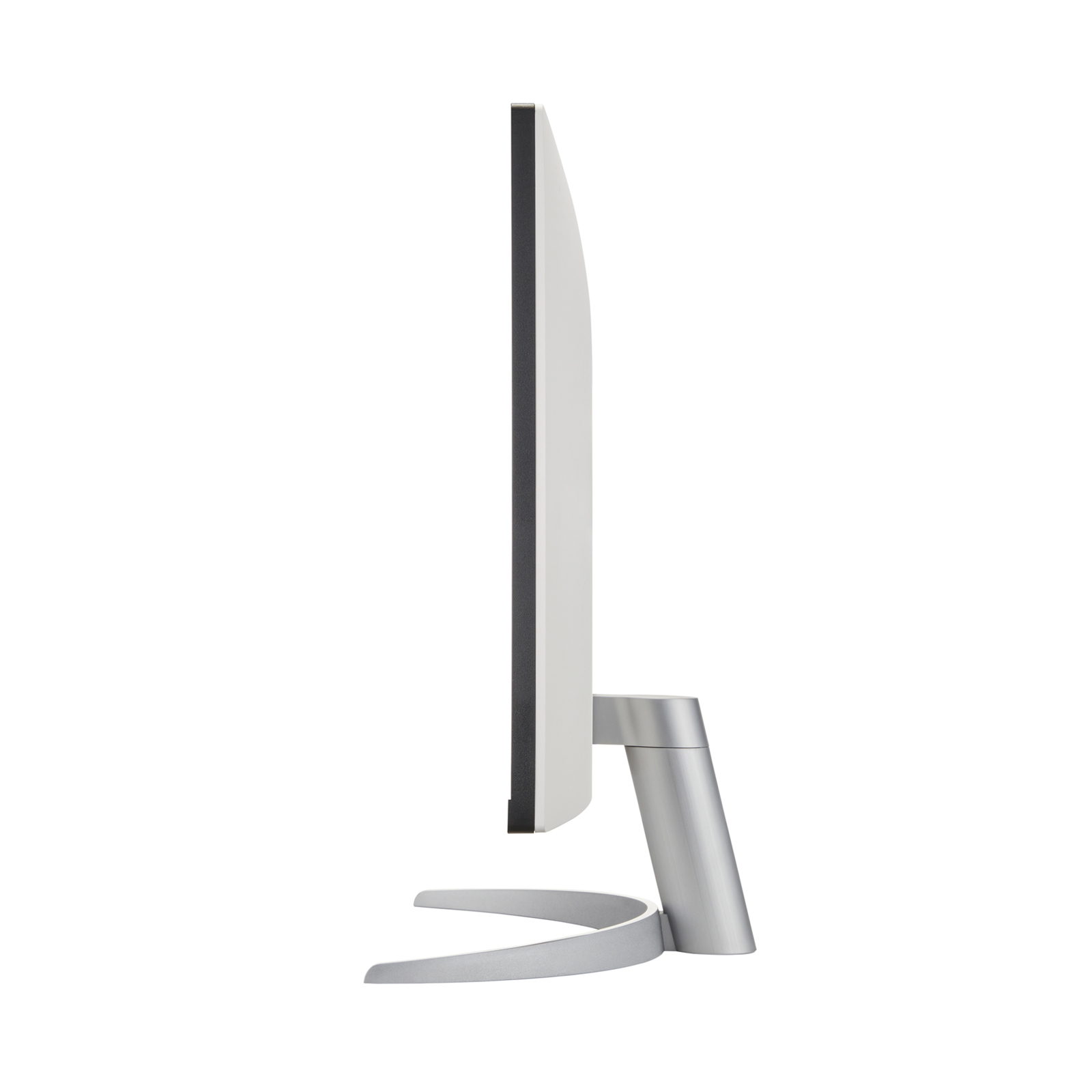 Una vista laterale di un monitor per computer nero, che mostra il suo profilo sottile e un supporto argentato.