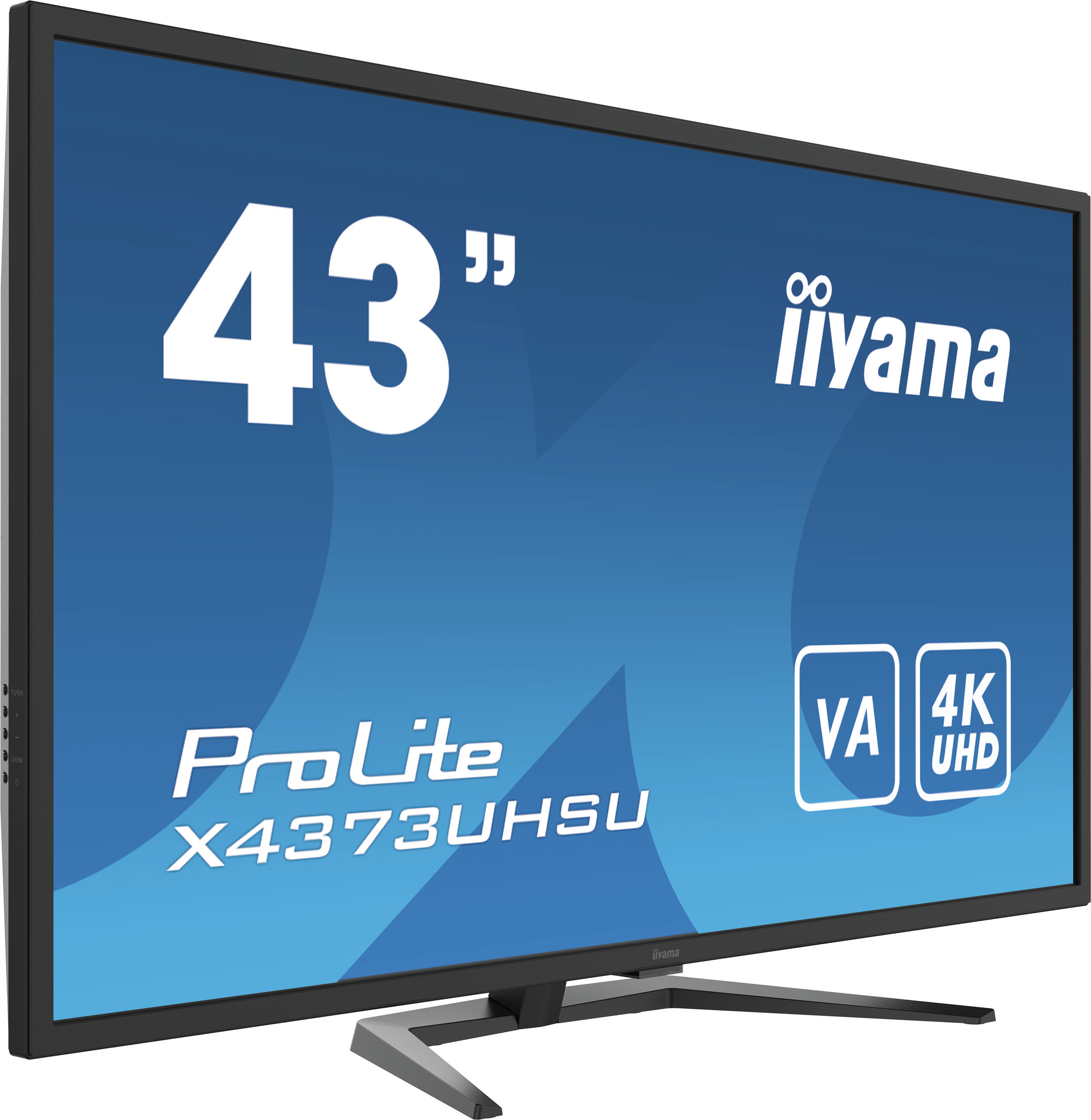 Ein großer Iiyama-Fernseher zeigt den 43-Zoll-Bildschirm mit 4K UHD- und VA-Technologie.
