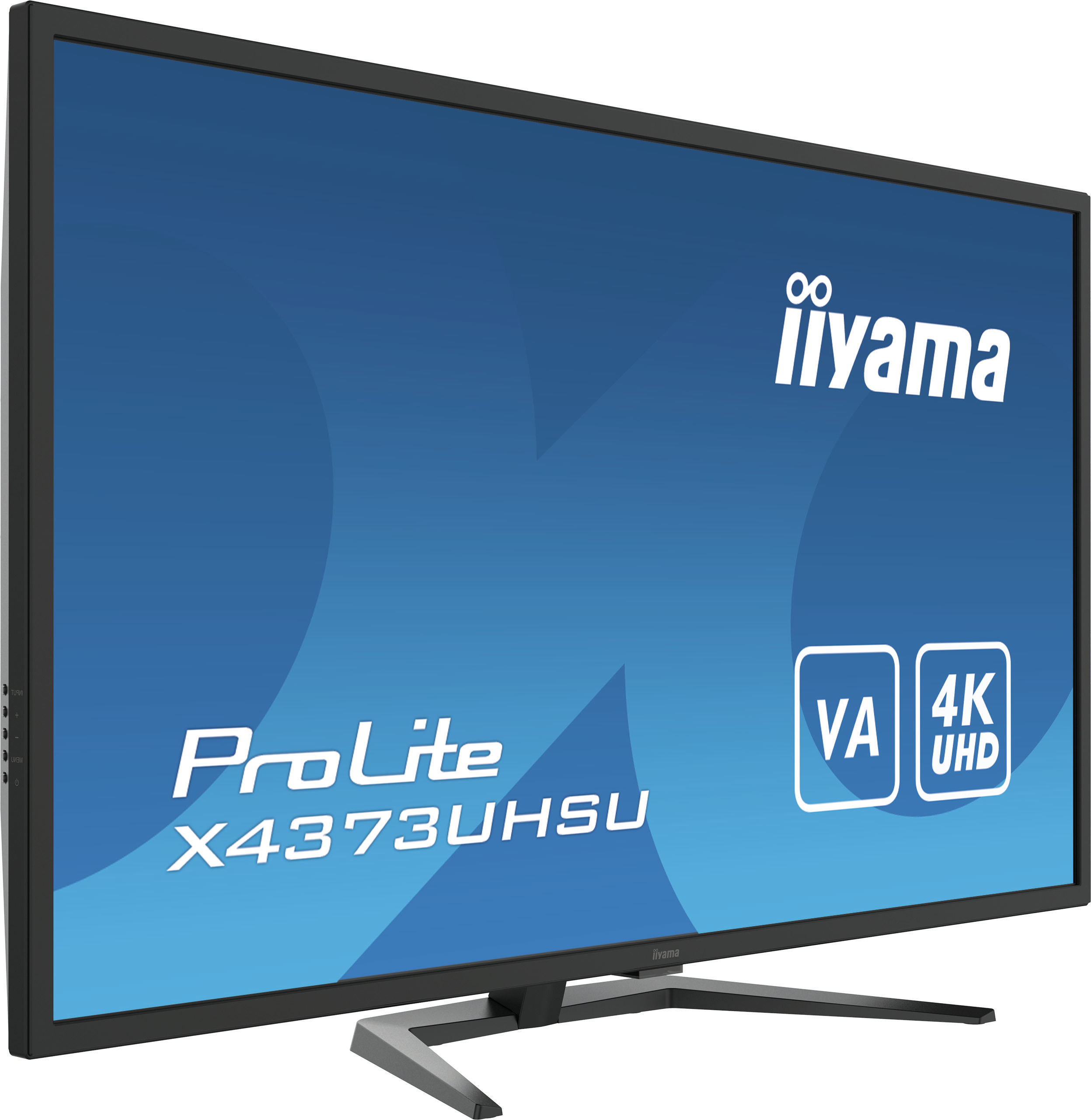 Ein schwarzer Monitor mit iiYama-Logo, VA und 4K UHD. Blauer und weißer Farbverlauf im Hintergrund.