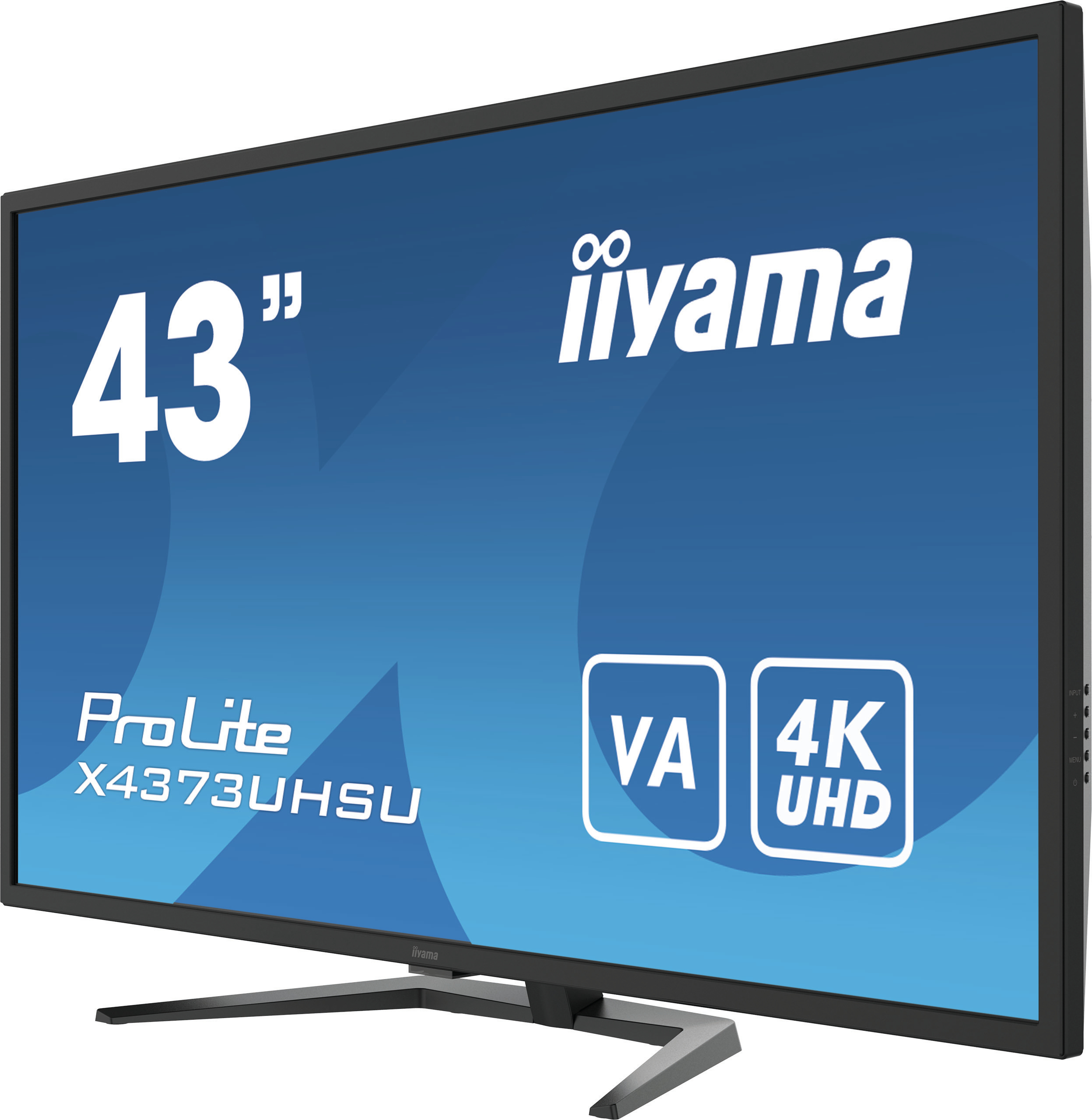 Iiyama-Monitor mit 43"-Bildschirm. Er hat einen schwarzen Rahmen und einen silbernen Ständer. Der Bildschirm ist blau.