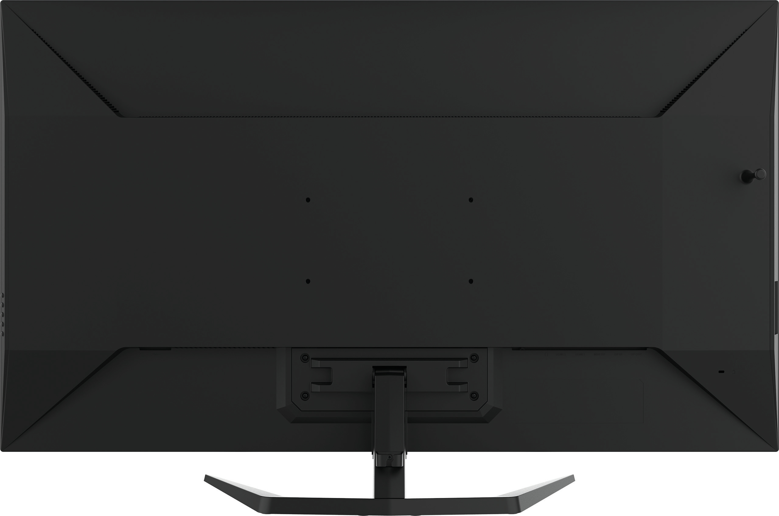 Eine schwarze TV-Rückseite mit Ständer. Es hat ein einfaches Design mit wenigen Anschlüssen.