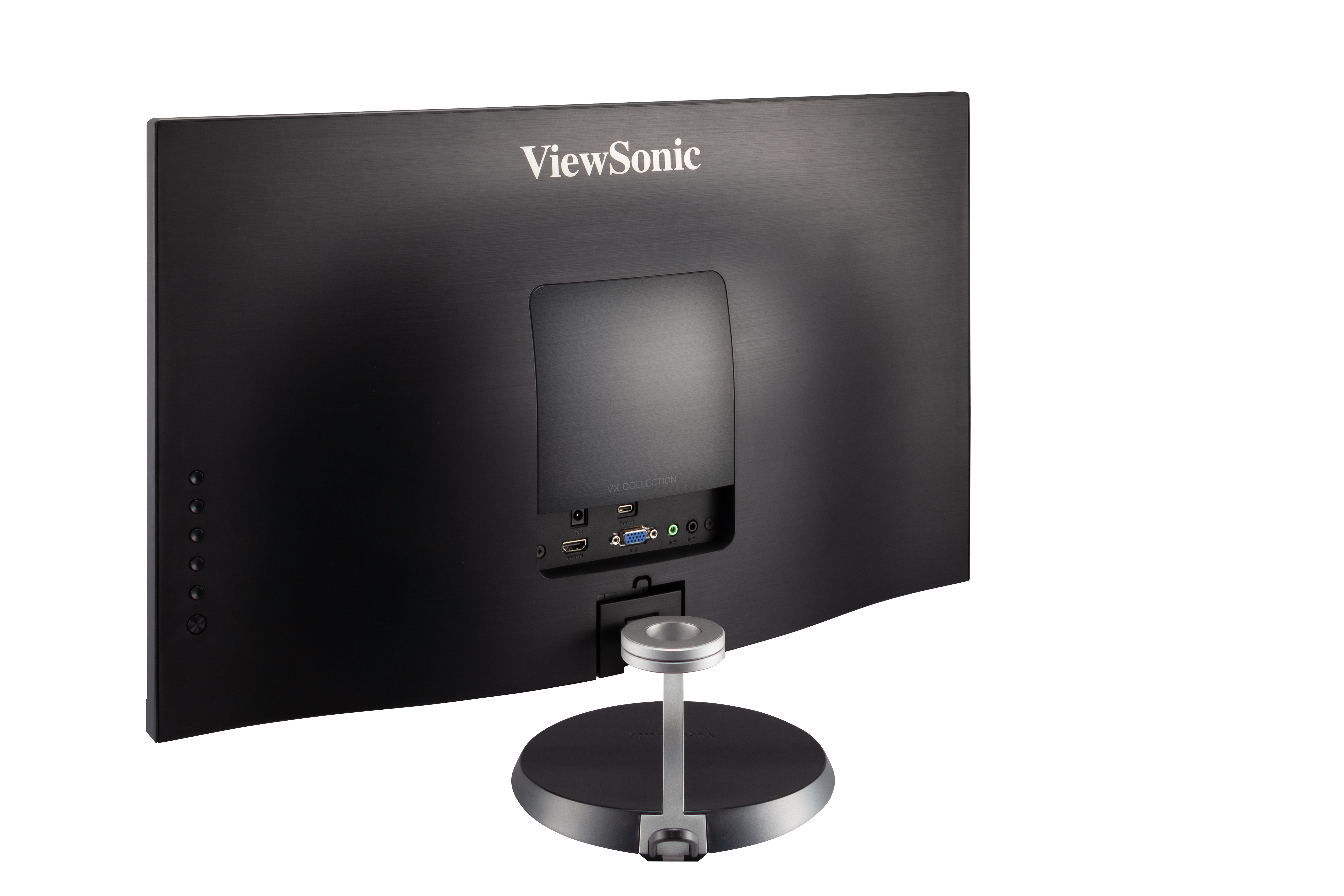 Il retro di un monitor ViewSonic. Mostra varie porte e un supporto rotondo.