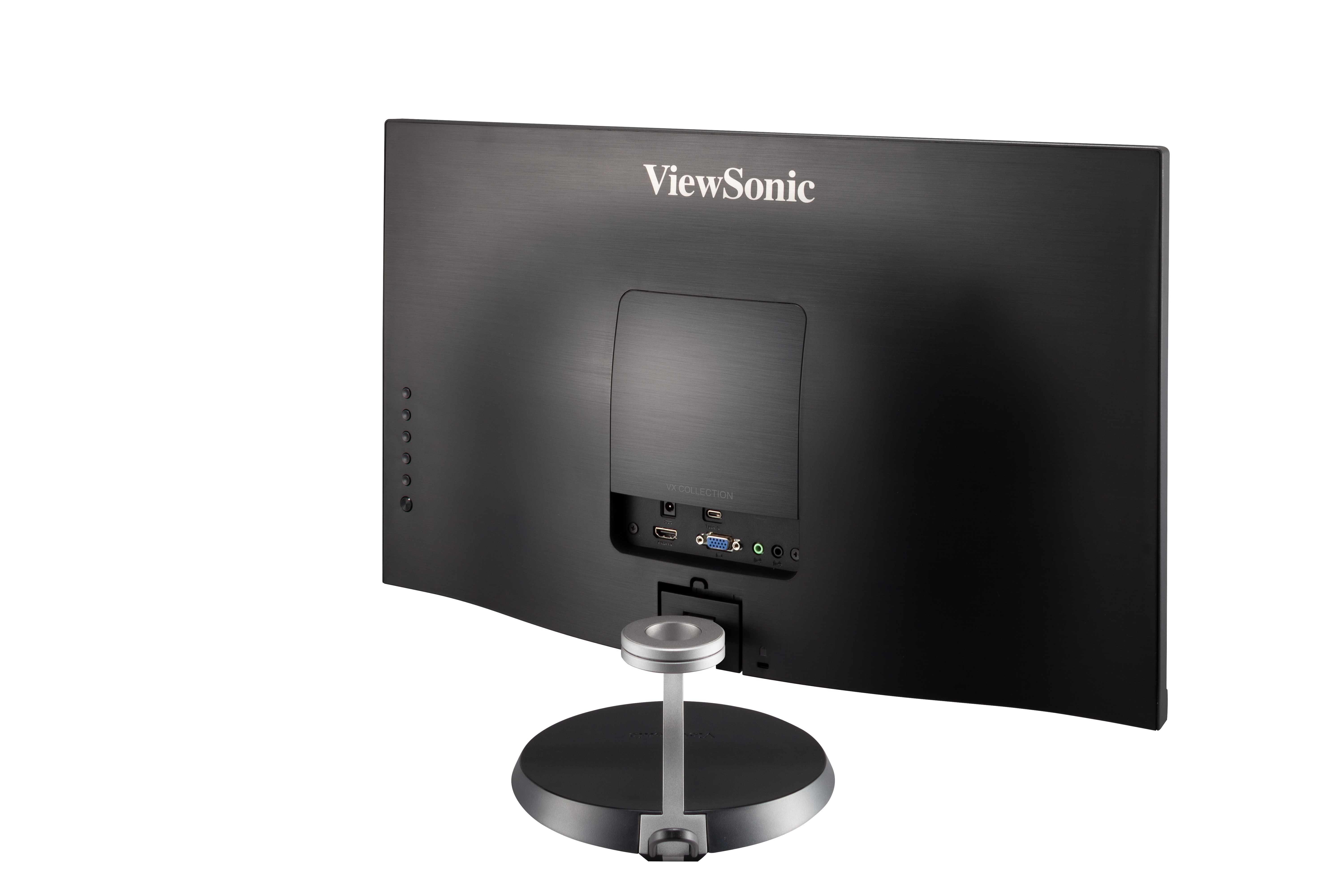 Retro di un monitor ViewSonic, nero con logo ViewSonic, porte e supporto rotondo.