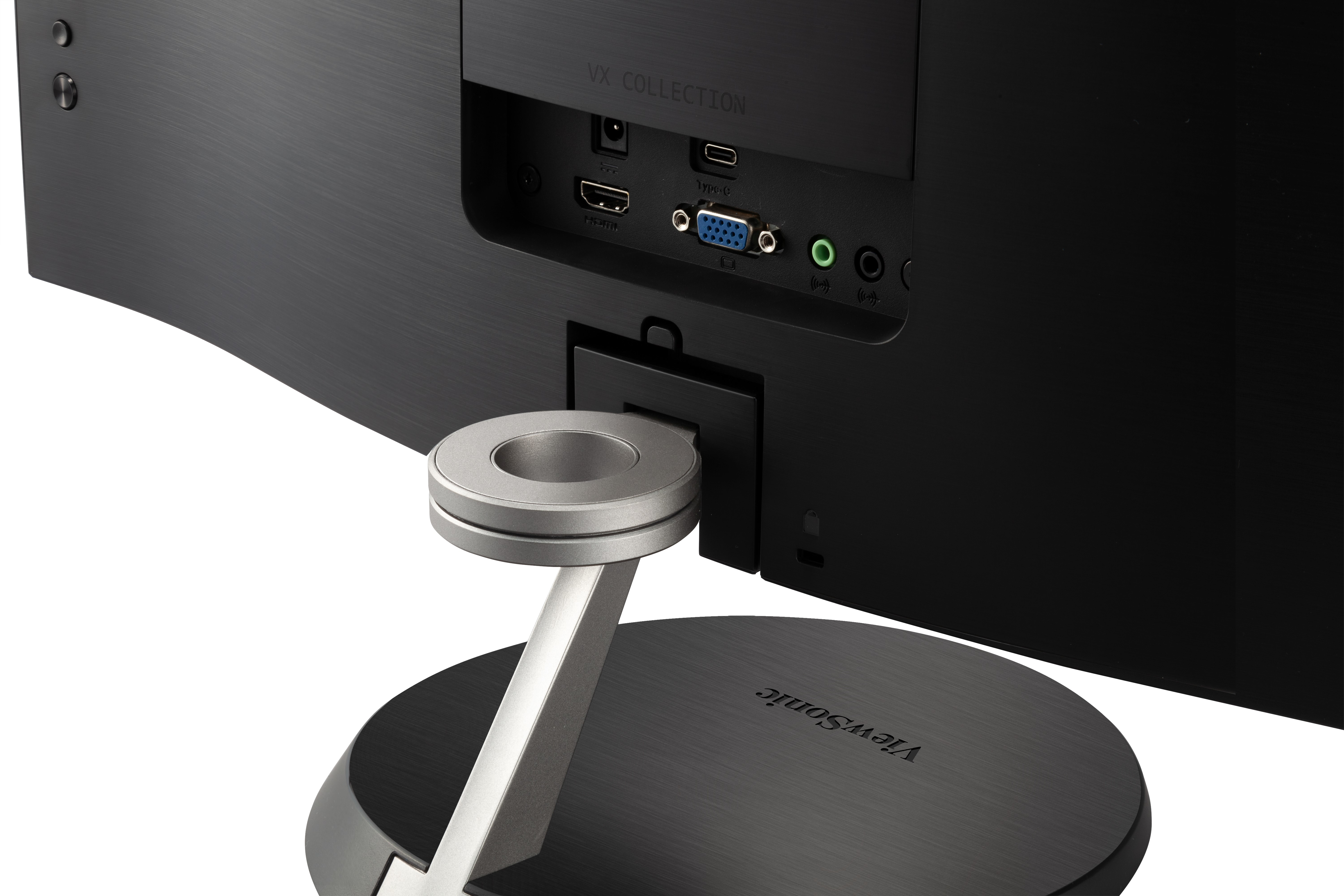Retro del monitor con porte, supporto argentato e scocca nera. Logo ViewSonic visibile sulla base.