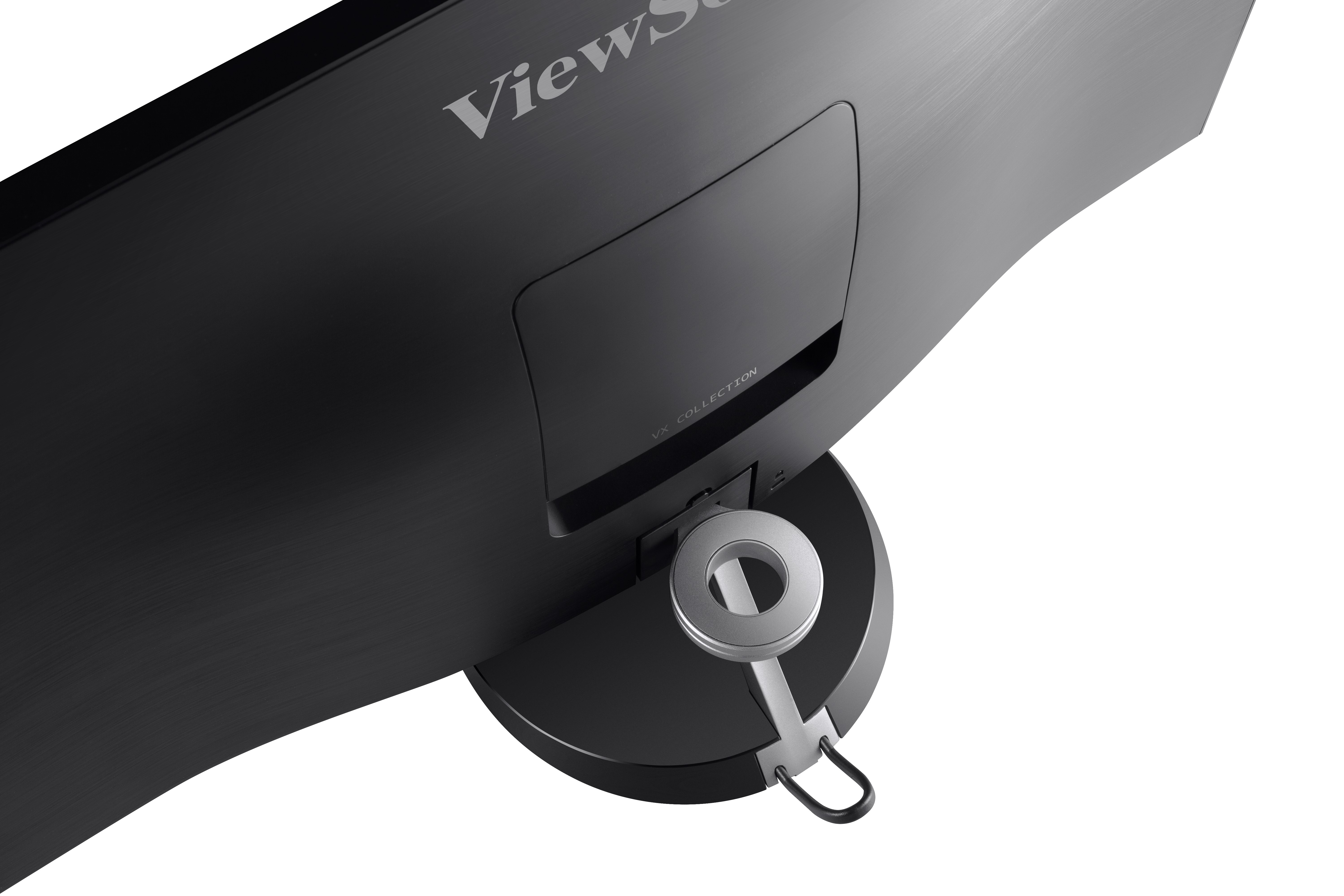Monitor ViewSonic, nero, con un meccanismo di blocco a chiave sul retro.