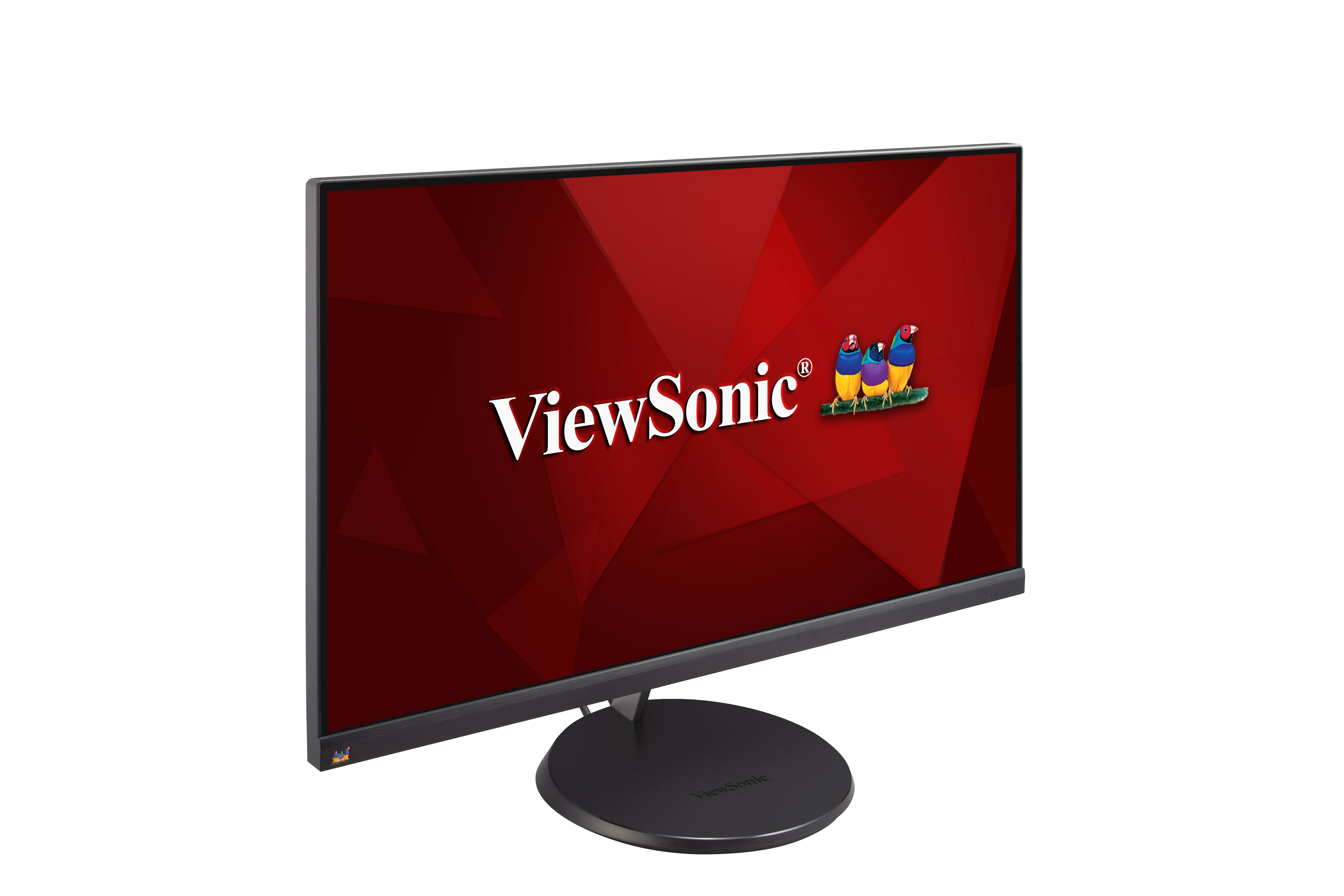 Monitor ViewSonic con sfondo rosso e logo del marchio. Supporto nero.