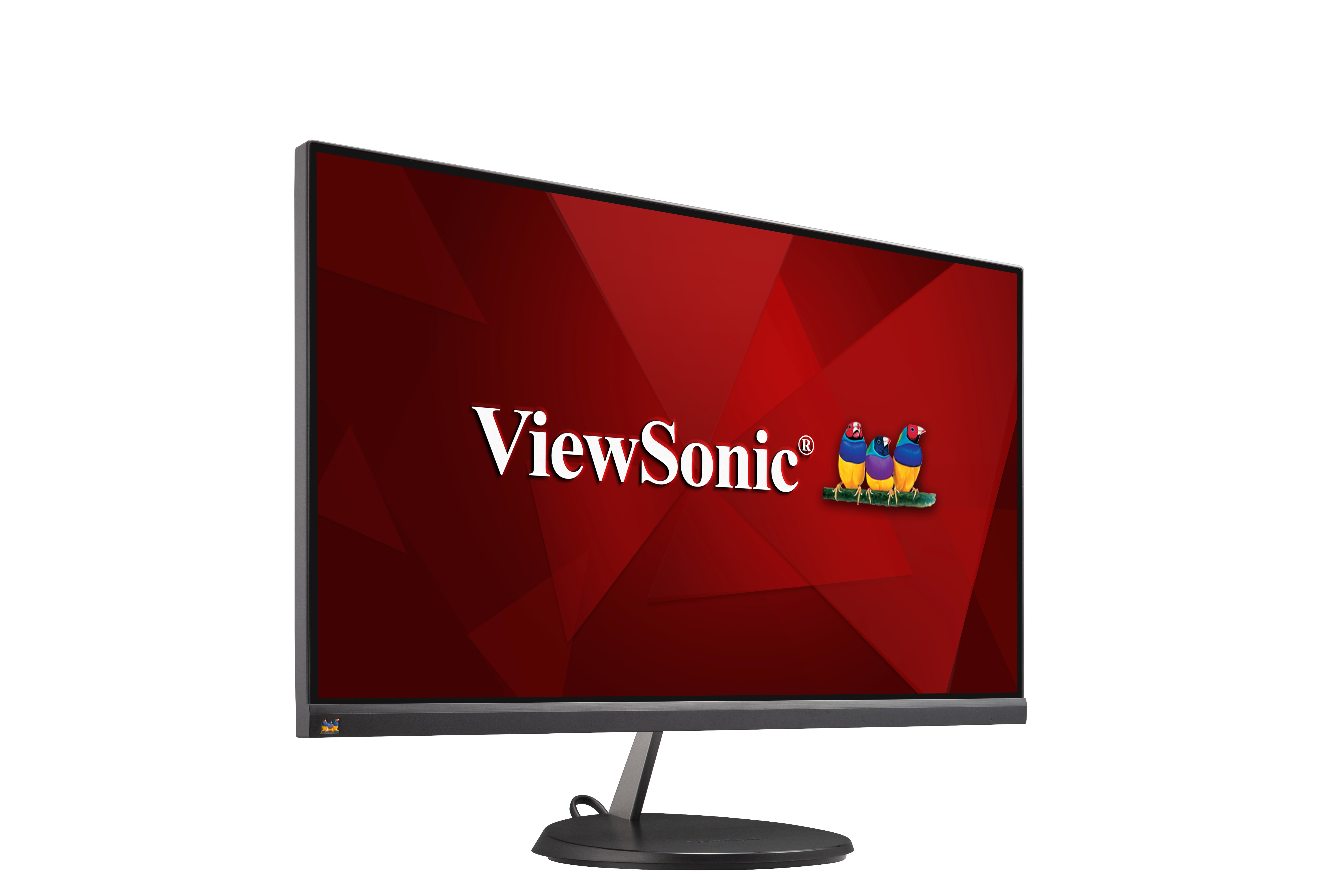 Il monitor ViewSonic mostra uno sfondo rosso e il logo ViewSonic con uccelli.