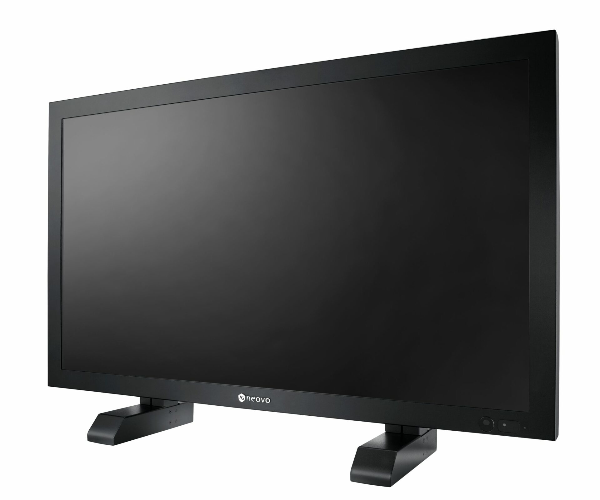 Ein großer, schwarzer Computermonitor mit schwarzem Ständer. Der Bildschirm ist dunkel und zum Betrachter geneigt.