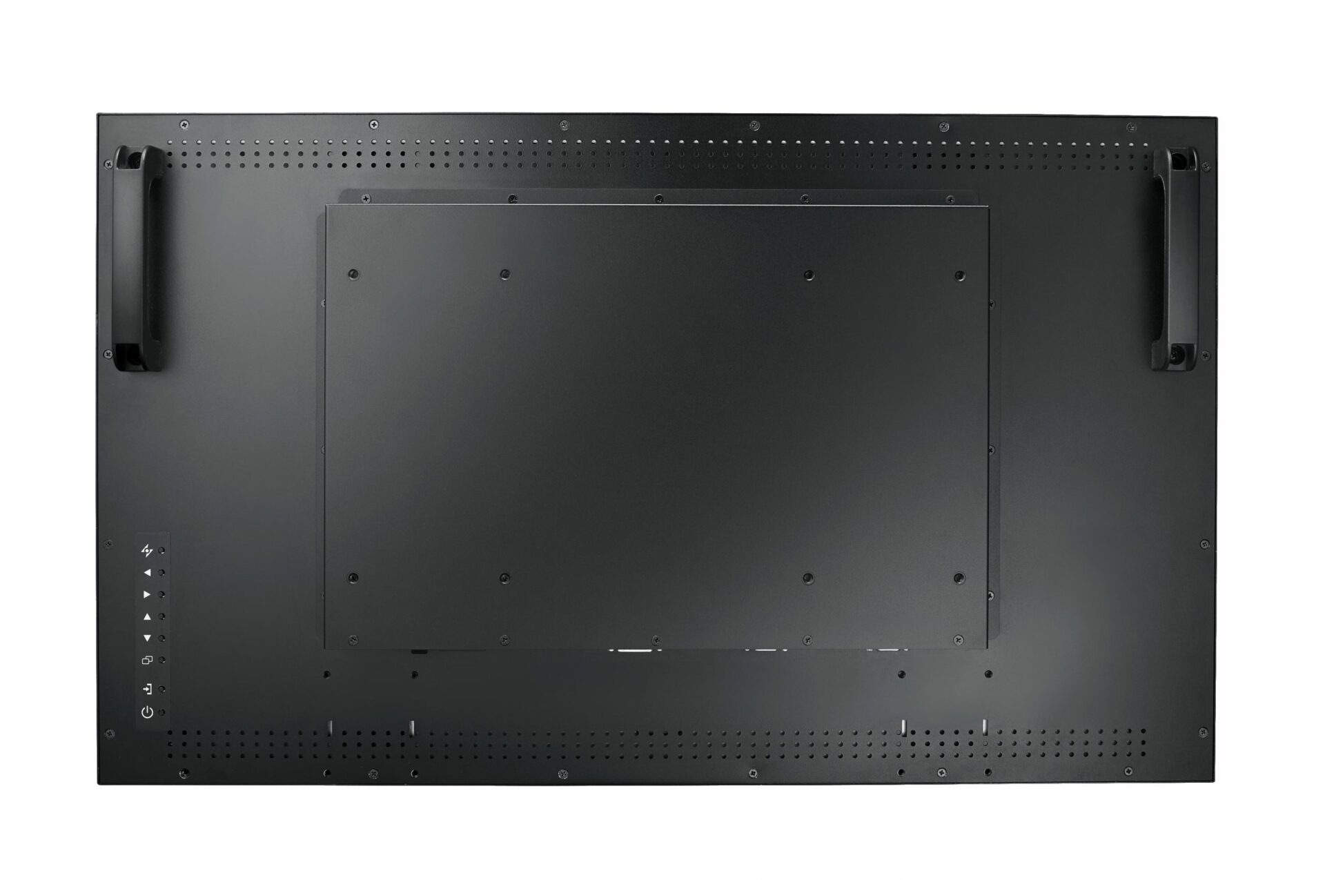 Rückseite eines schwarzen Monitors. Enthält Anschlüsse, Griffe und eine große Mittelplatte. Weißer Hintergrund.