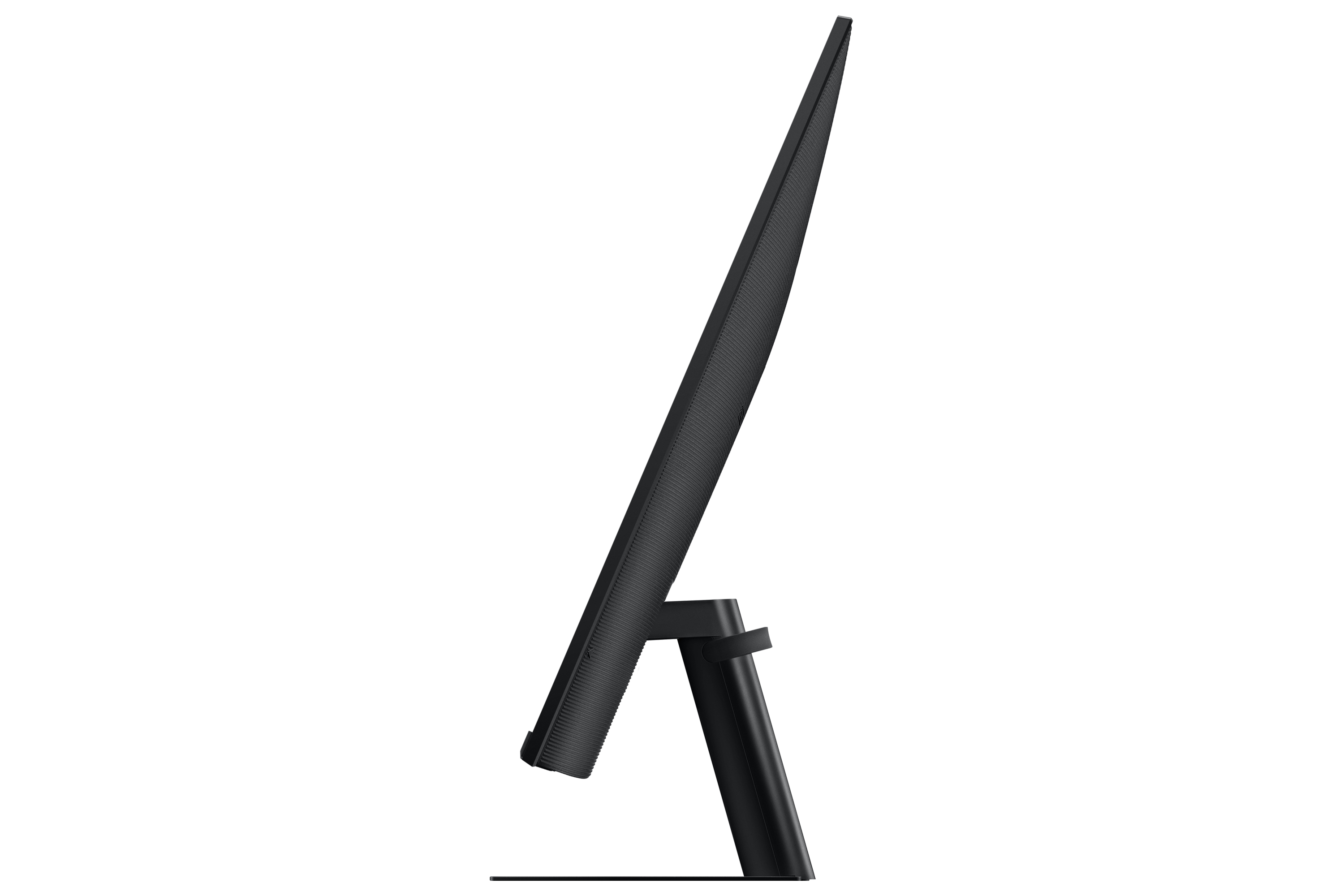 Vista laterale di un monitor nero con supporto nero su sfondo bianco.