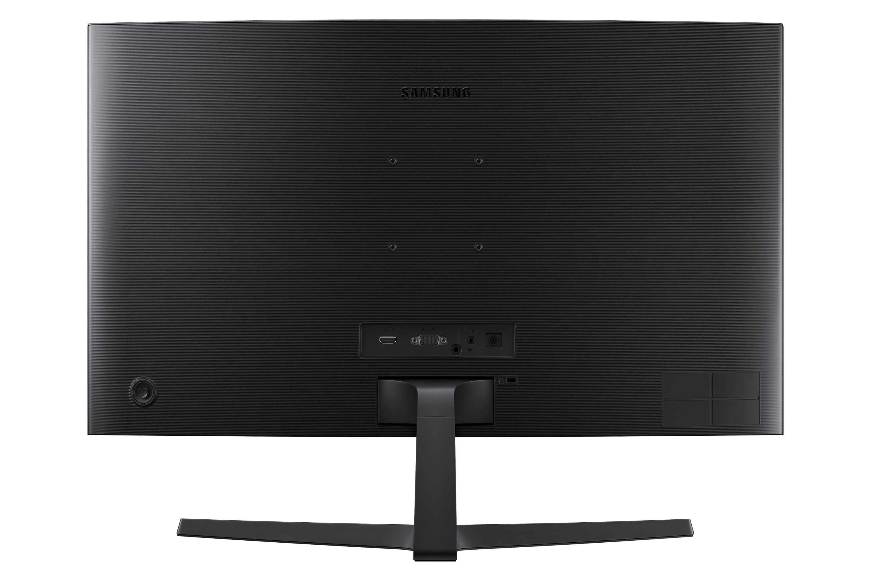 Retro di un monitor nero con porte e supporto. SAMSUNG è in alto.