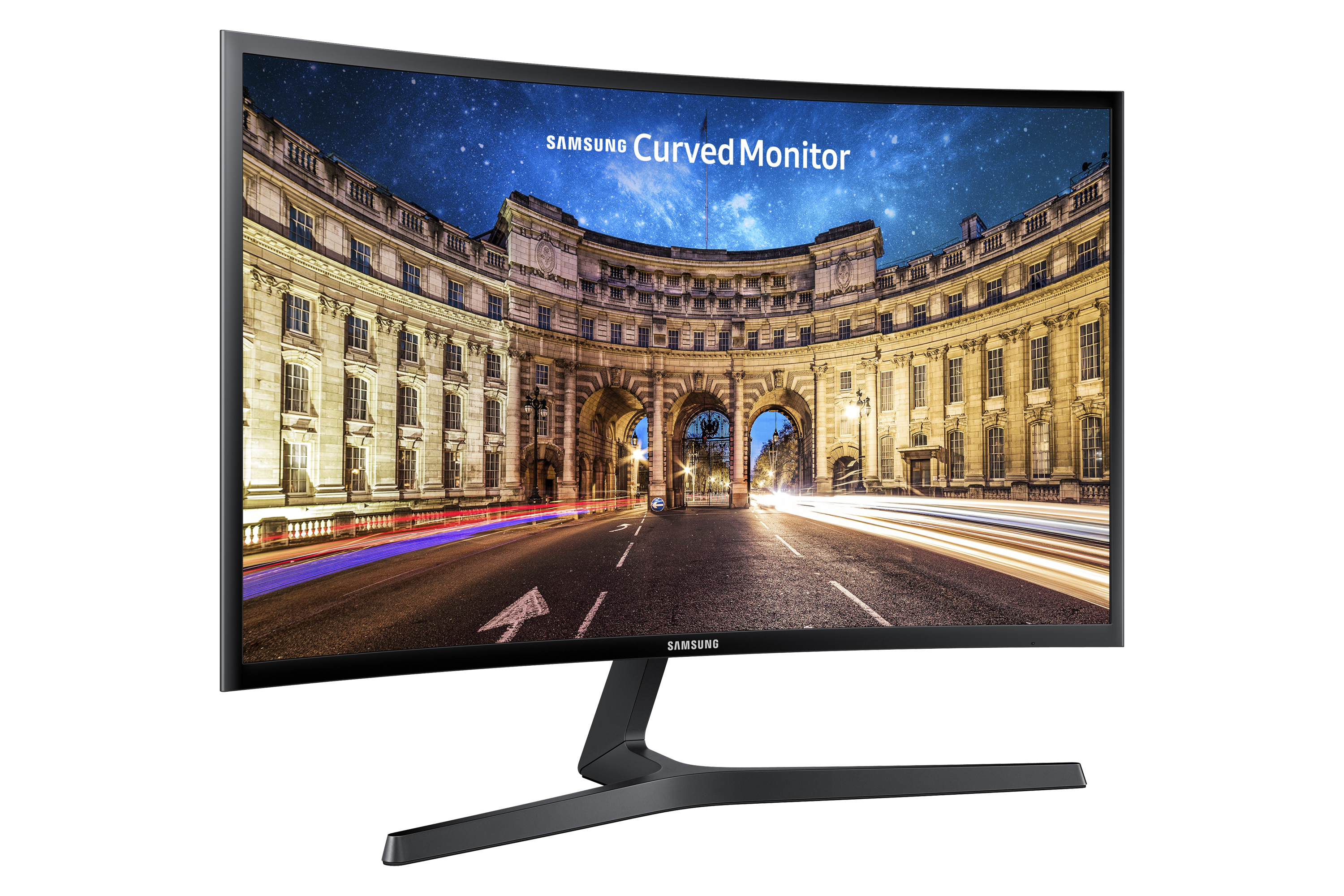 Monitor curvo con skyline notturno, logo Samsung, sfondo bianco.