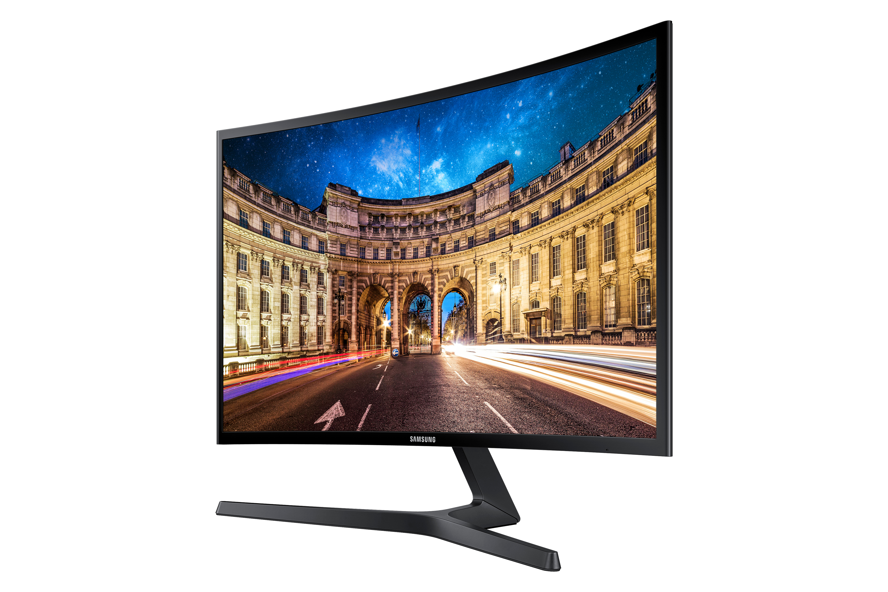 Monitor del computer curvo che mostra una strada cittadina. Il monitor ha una cornice e un supporto neri.