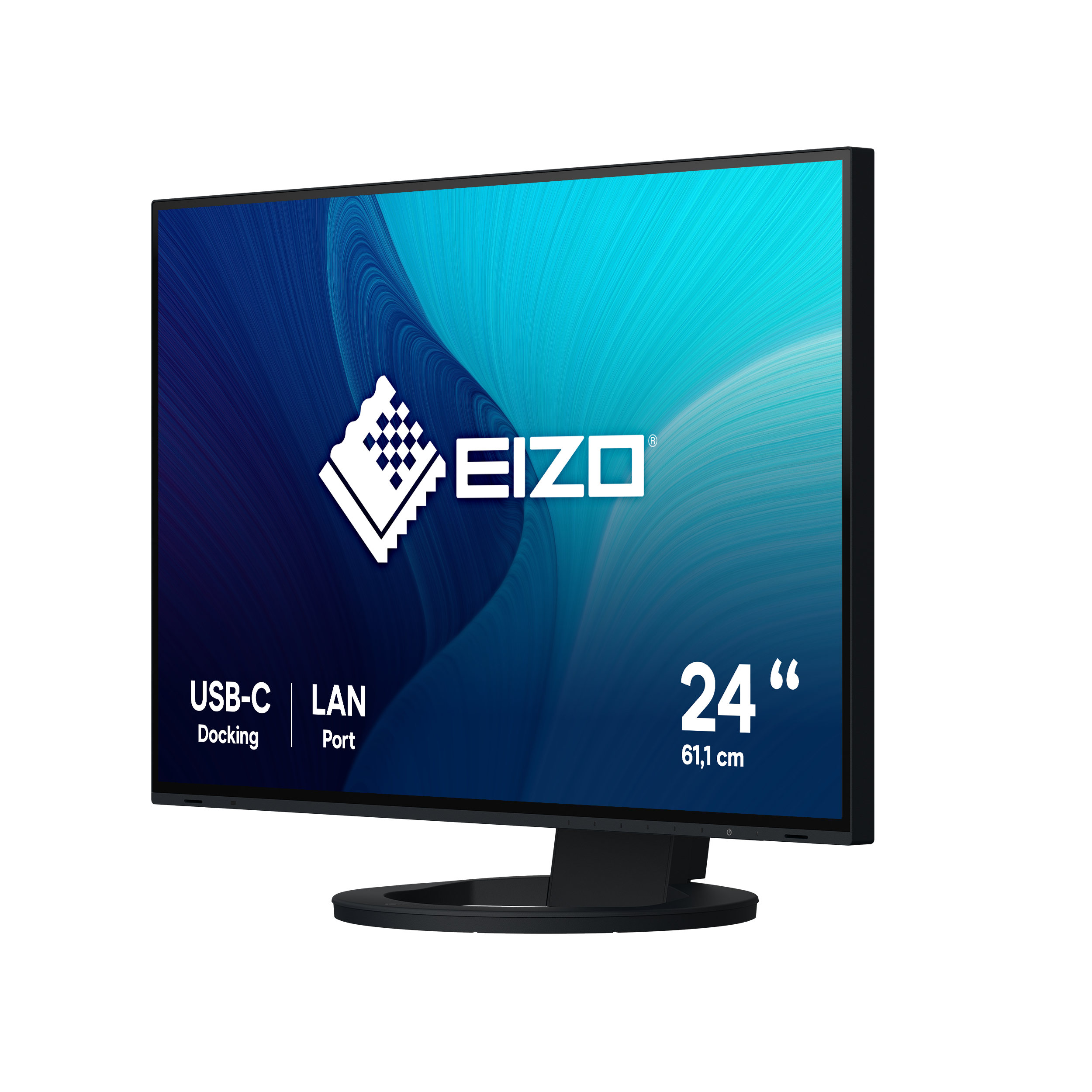 EIZO monitor displaying a blue and white abstract design, with USB-C and LAN ports.