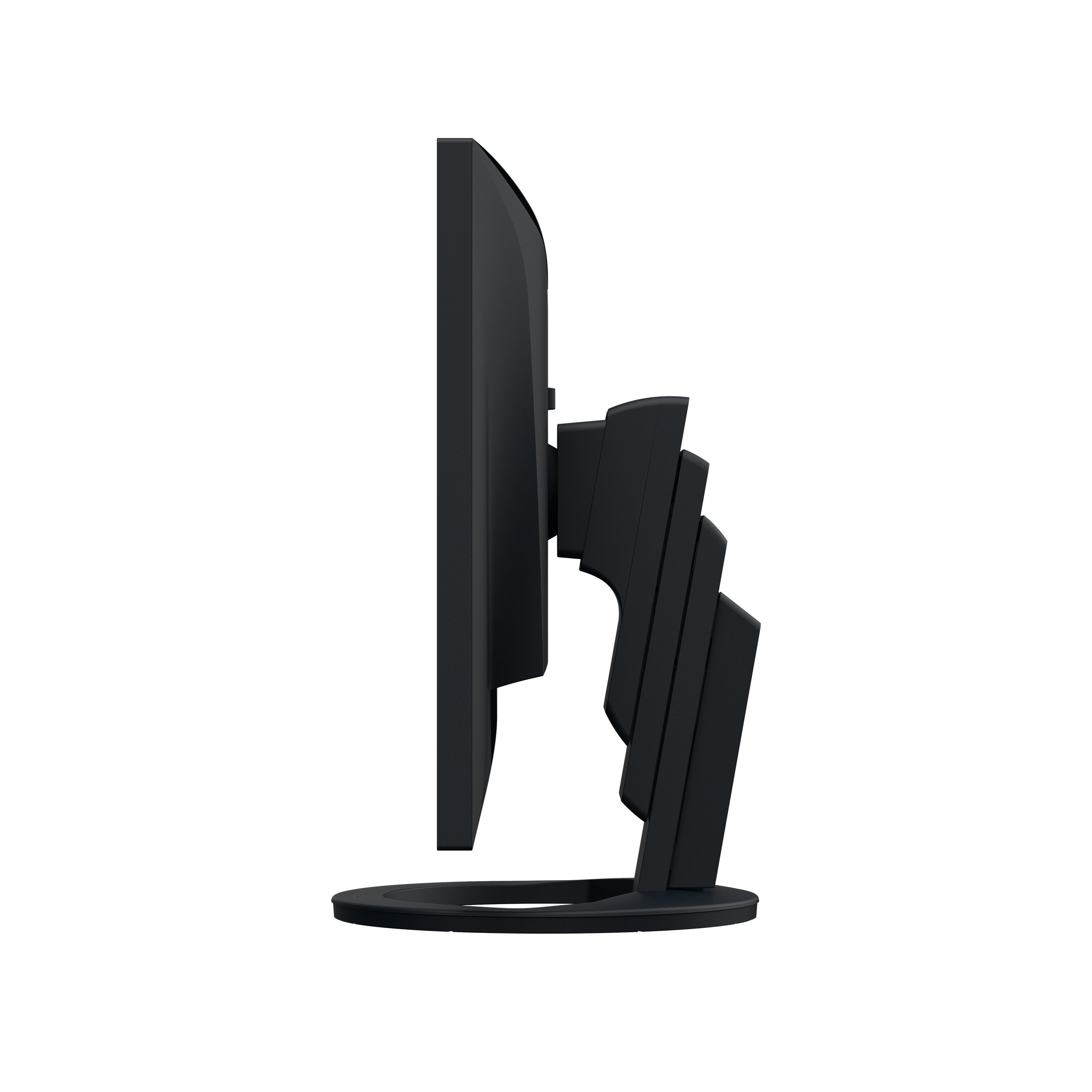 Seitenansicht eines schwarzen Monitors. Er hat eine dicke Blende und einen an der Rückseite befestigten Ständer.