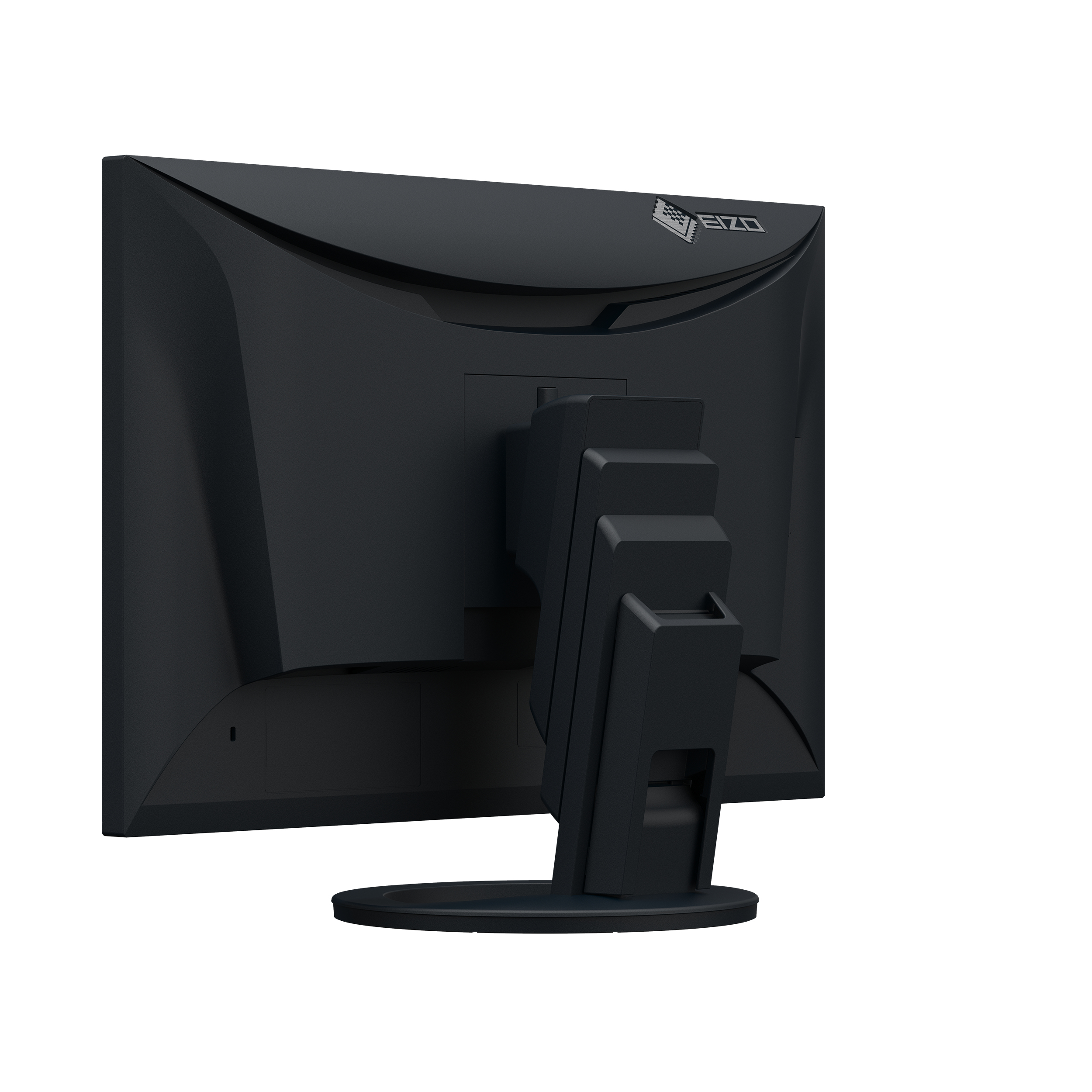 Rückseite eines schwarzen Computermonitors mit Ständer.