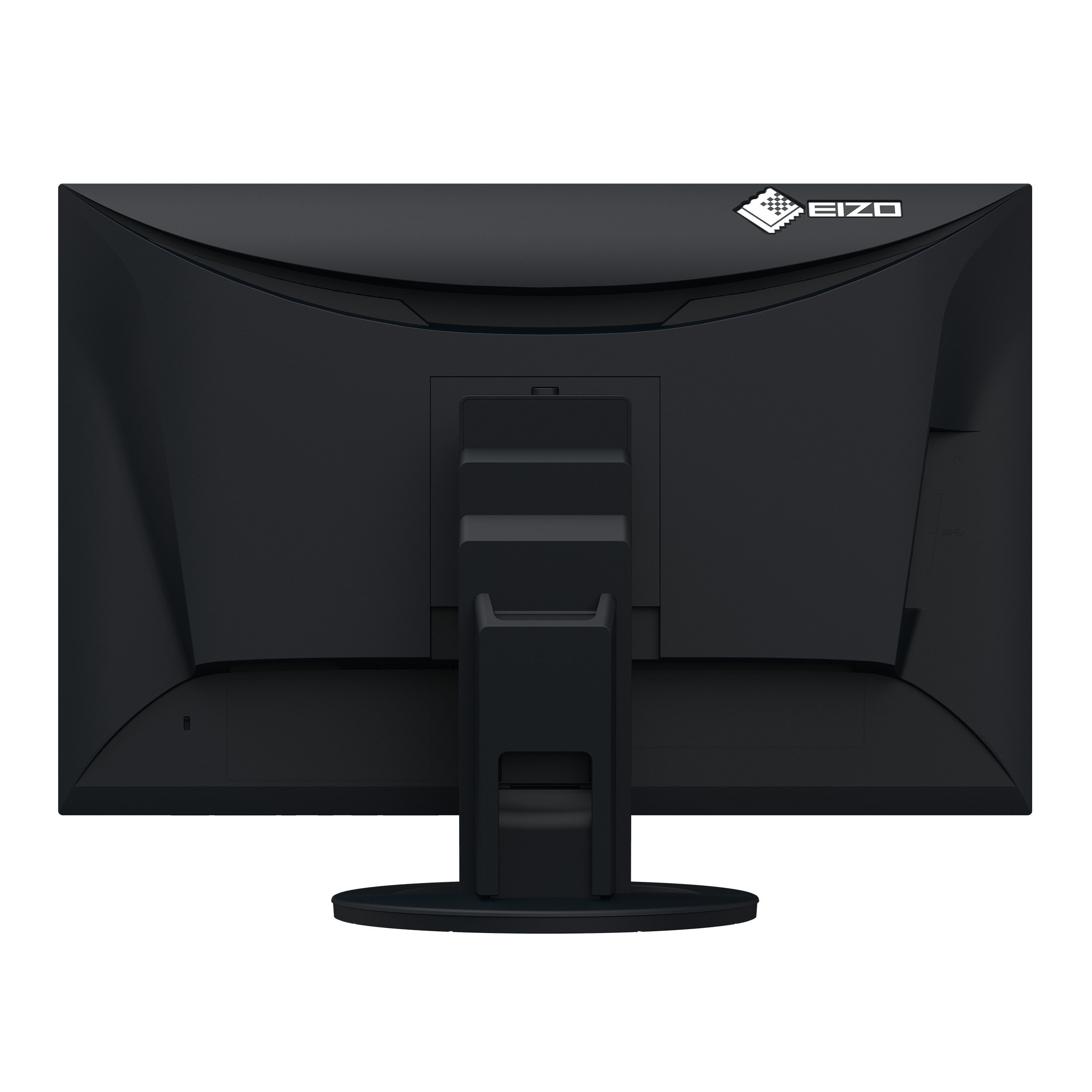 Rückansicht eines schwarzen Monitors mit Ständer.