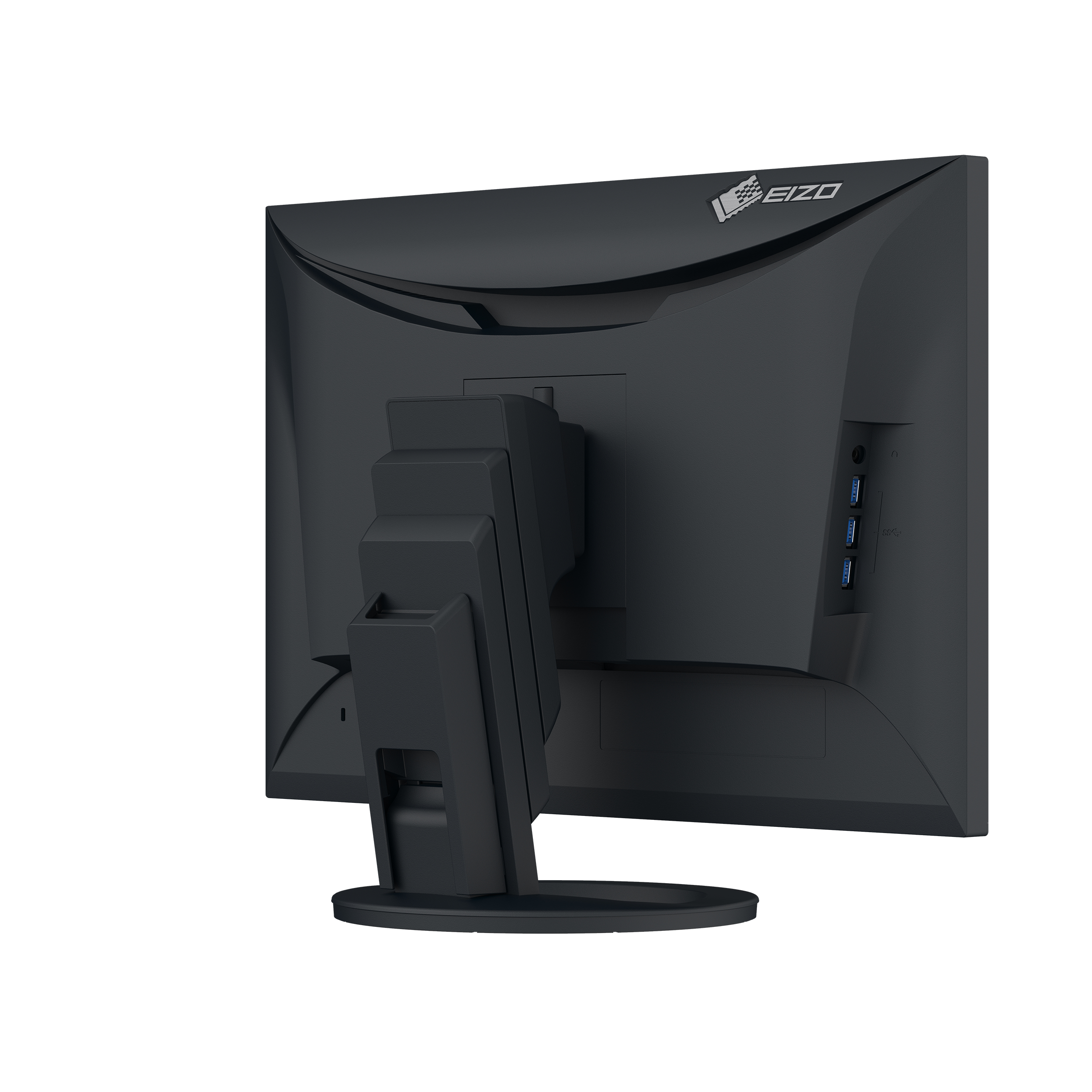 Rückansicht eines schwarzen Monitors mit Ständer. Er hat Anschlüsse auf der Rückseite. EIZO-Logo.