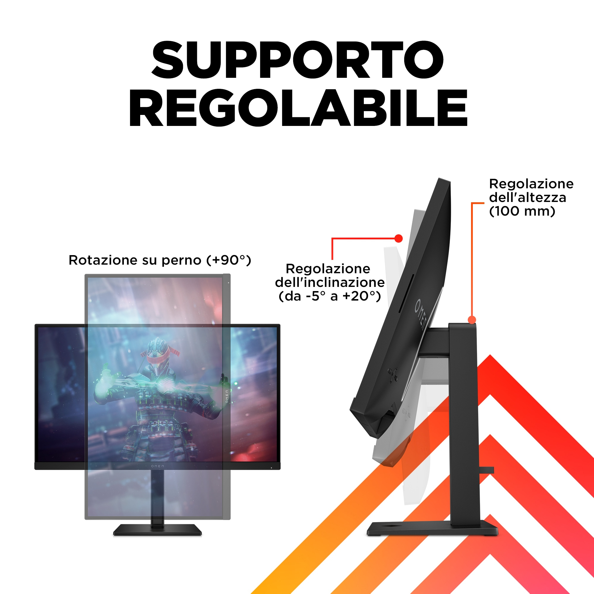 Un'illustrazione mostra il supporto regolabile del monitor.