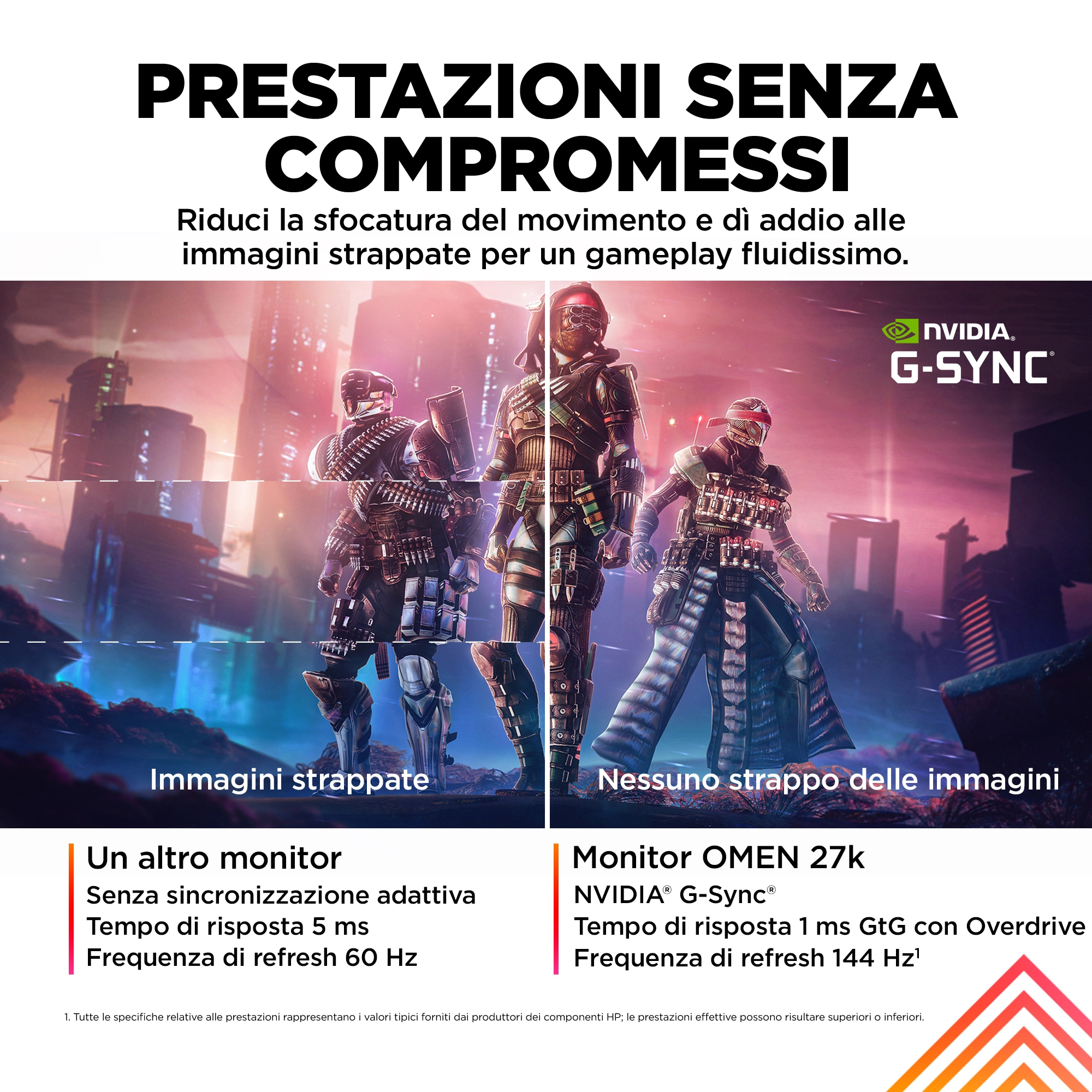 Confronto monitor gaming: mostra tearing vs. no tearing, e specifiche OMEN 27k.