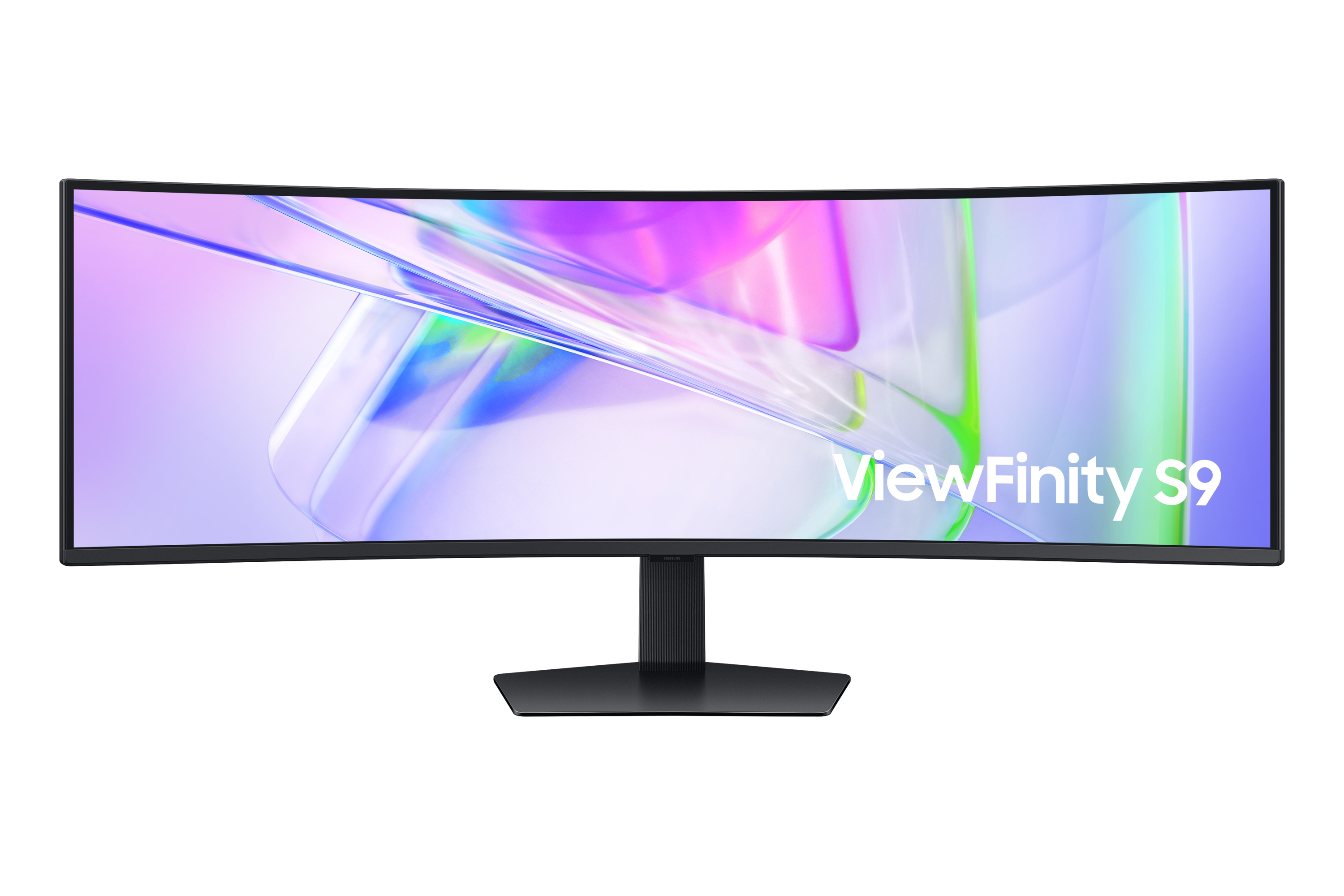 Zakrzywiony monitor Samsung ViewFinity S9 na białym tle, wyświetlający kolorową grafikę.