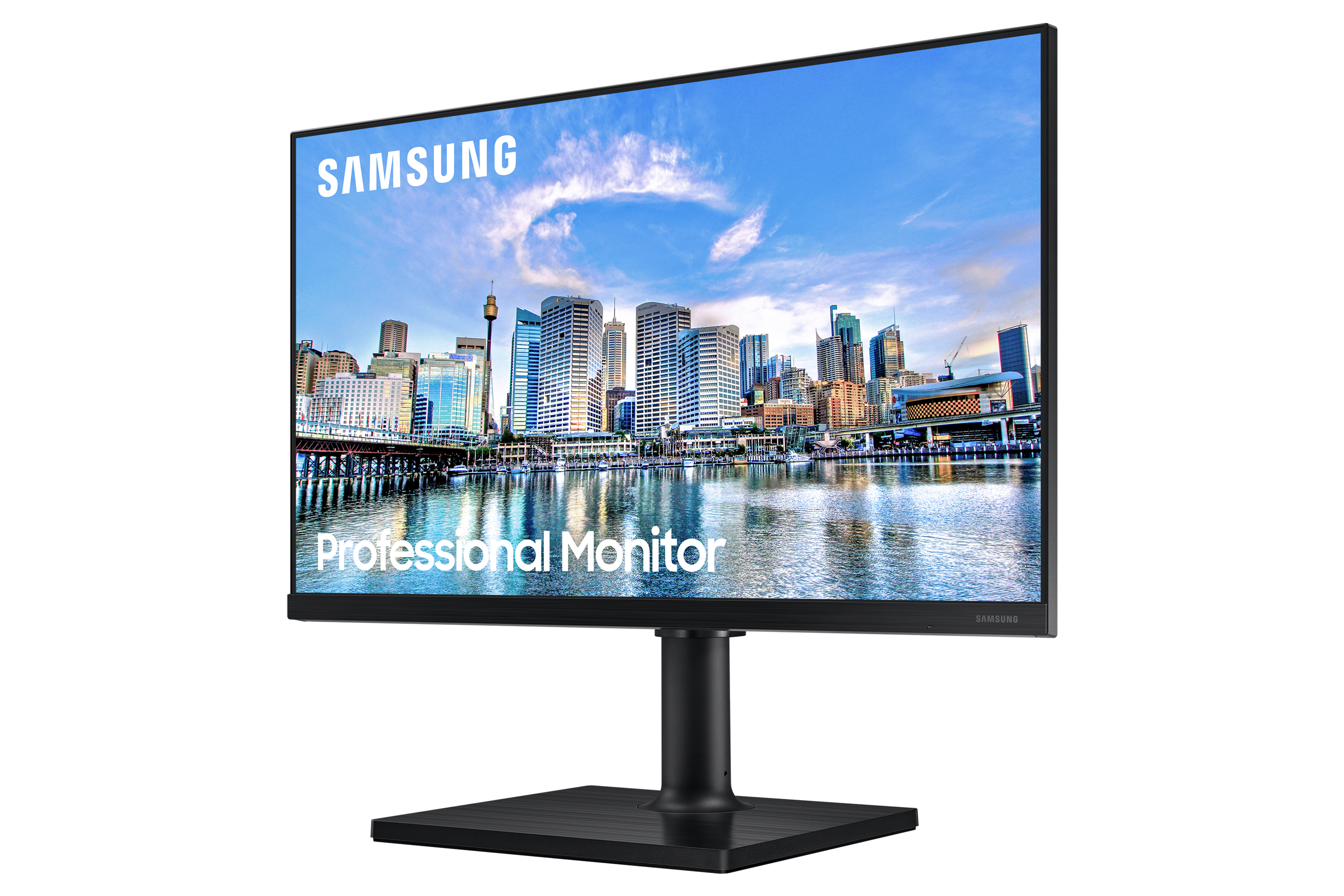 Un monitor professionale Samsung. Mostra uno skyline urbano sull'acqua. Supporto nero.
