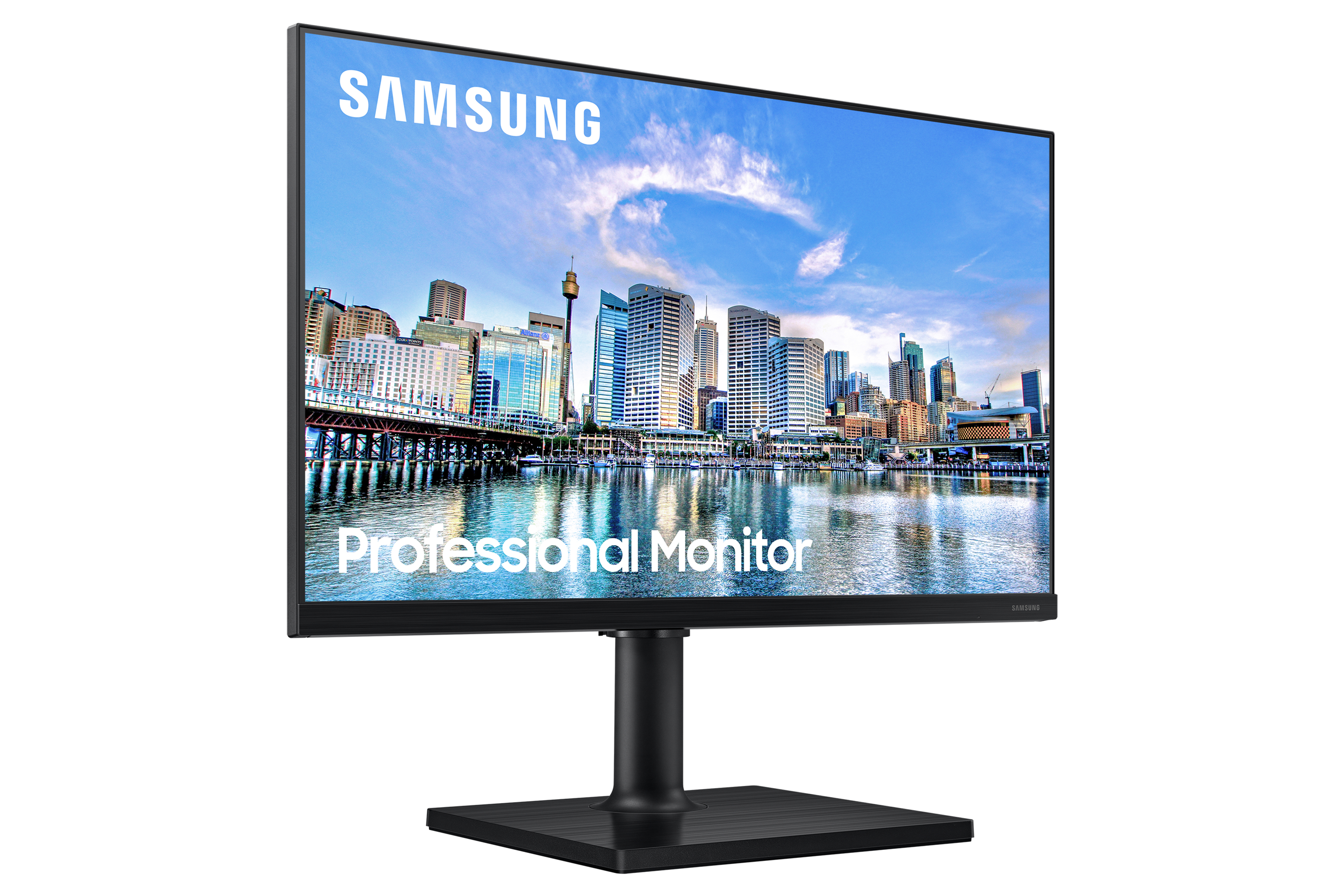 Un monitor con la scritta SAMSUNG e un logo professionale, che mostra una vista della città.