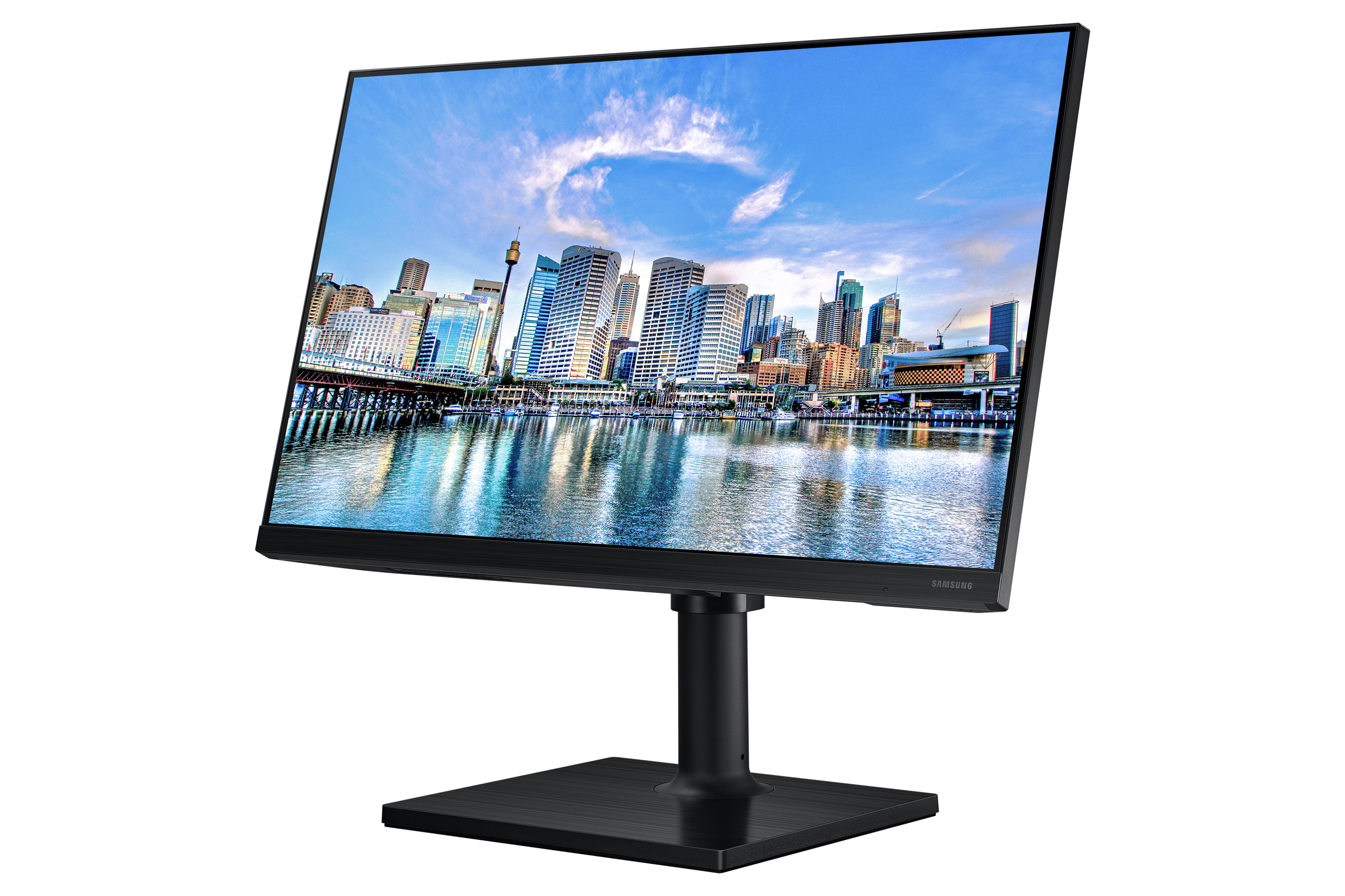 Monitor met een skyline. Zwarte standaard en voet. Schuine weergave.