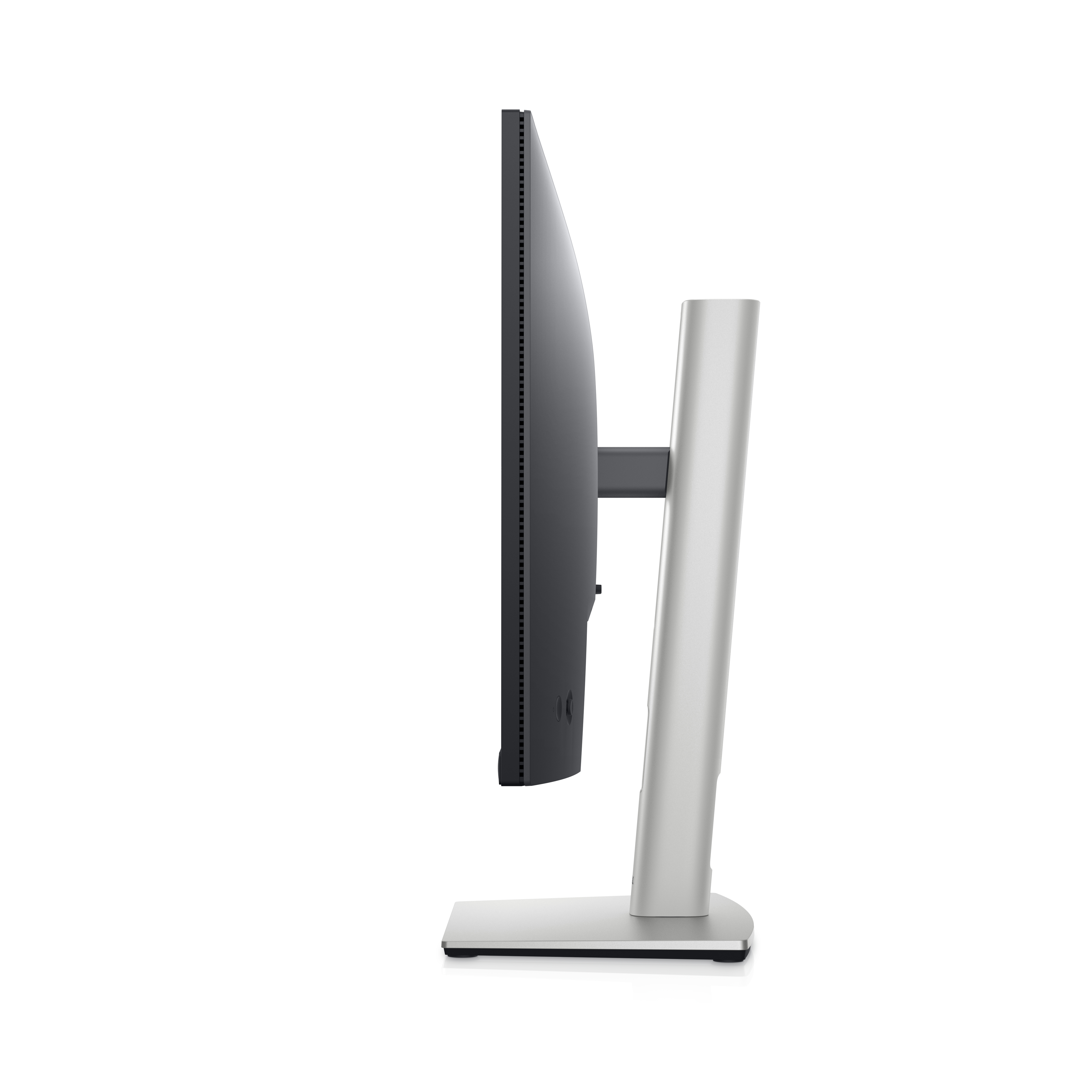 Widok z boku monitora z czarnym ekranem, srebrną ramką i srebrną podstawą. Białe tło.