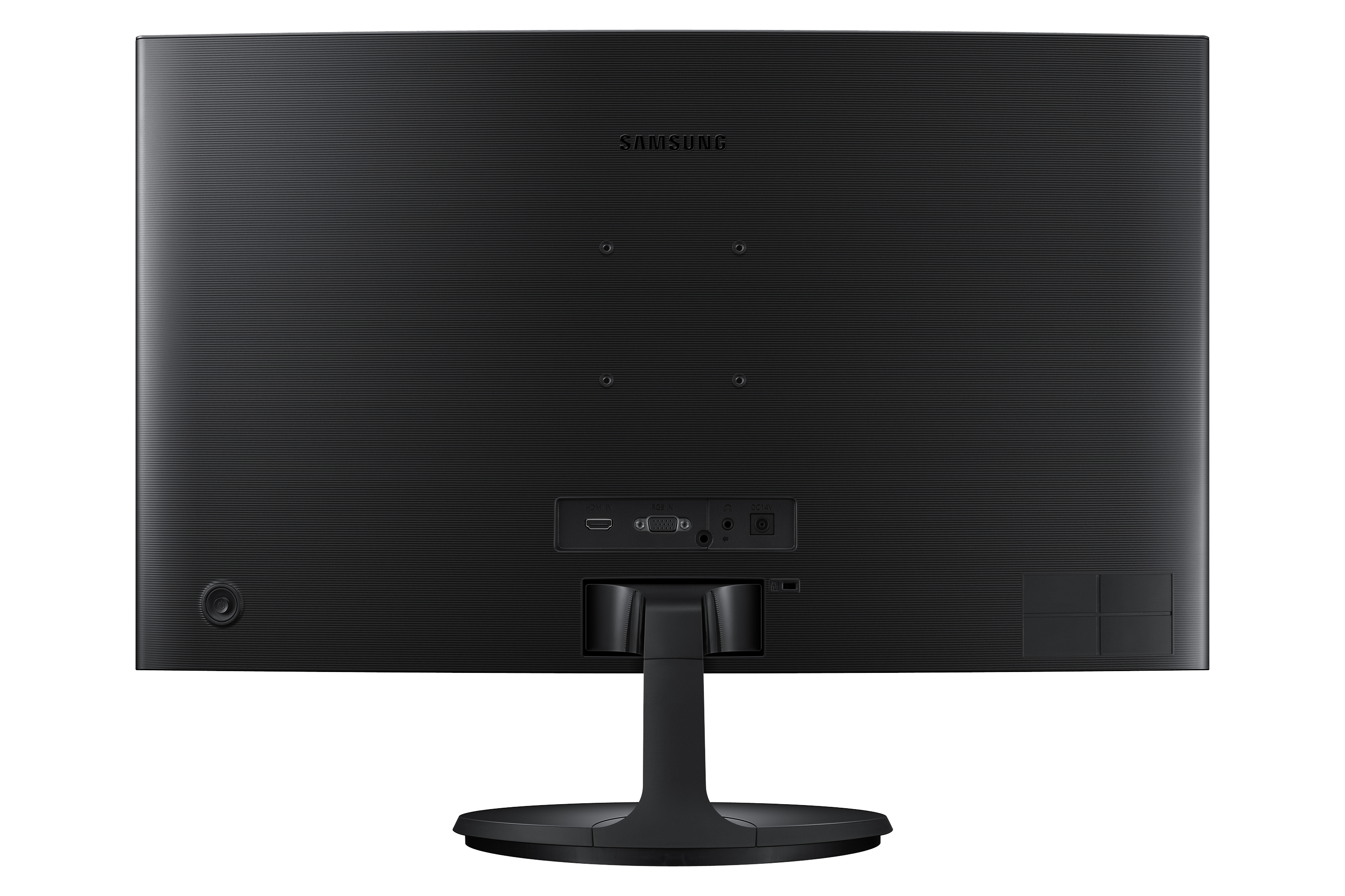 Retro di un monitor nero con porte e supporto. SAMSUNG è in alto.