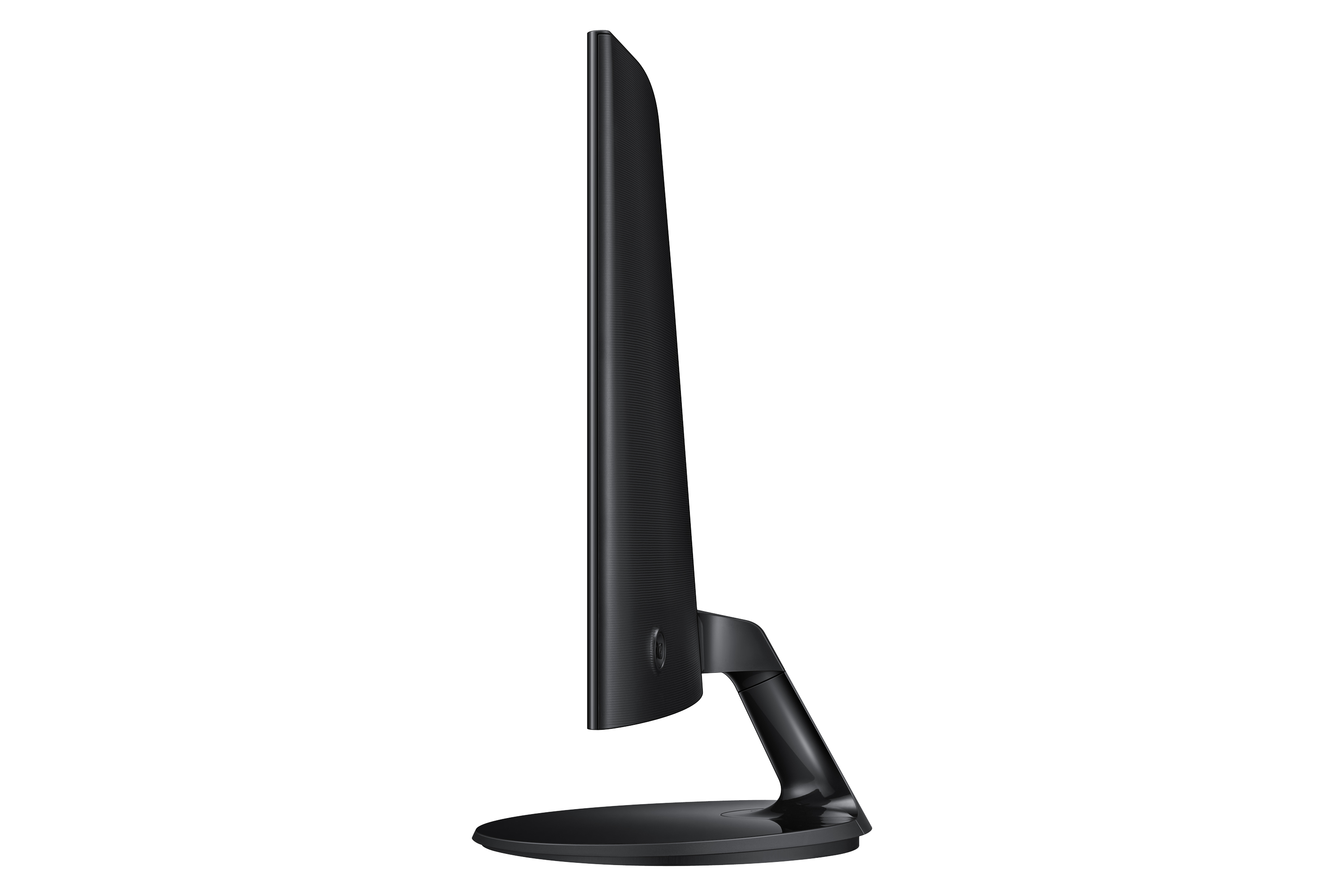 Un monitor Samsung nero visto di lato, che mostra il suo profilo sottile e il supporto.
