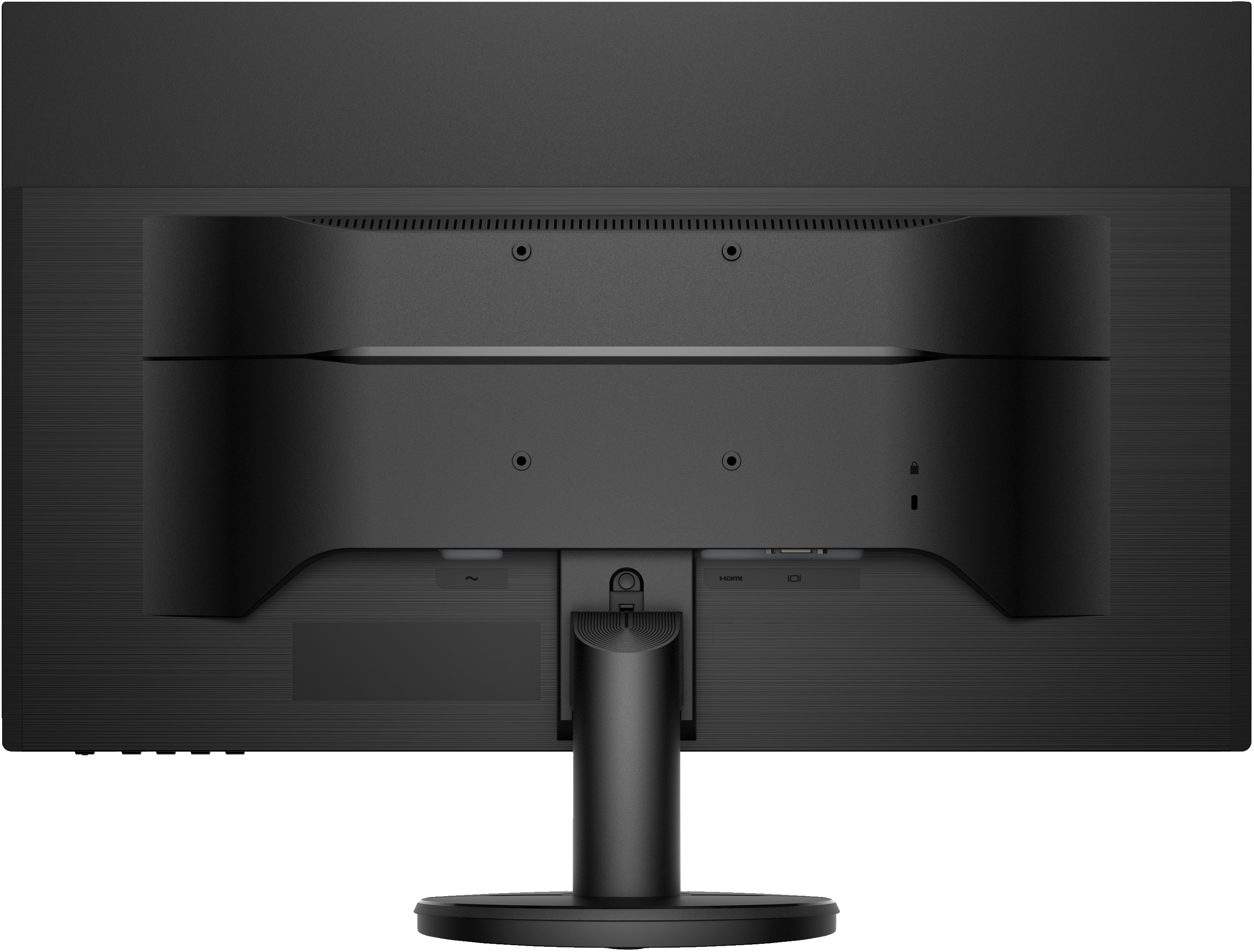 Parte trasera de monitor negro. Superficie lisa con puertos de conexión y soporte. Fondo blanco.