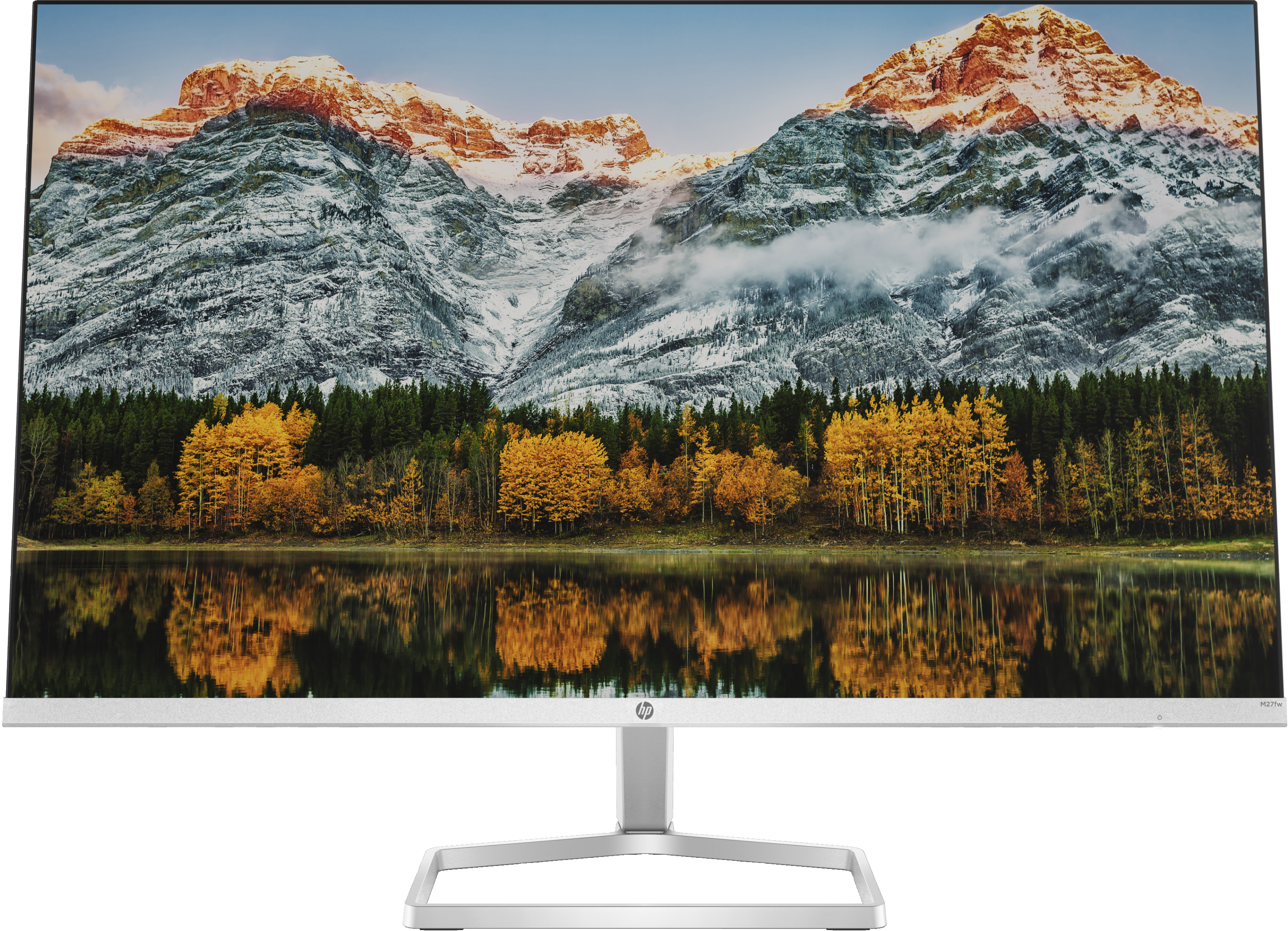 Monitor del computer che mostra un paesaggio montano. Primo piano con alberi. Supporto e sfondo bianchi.