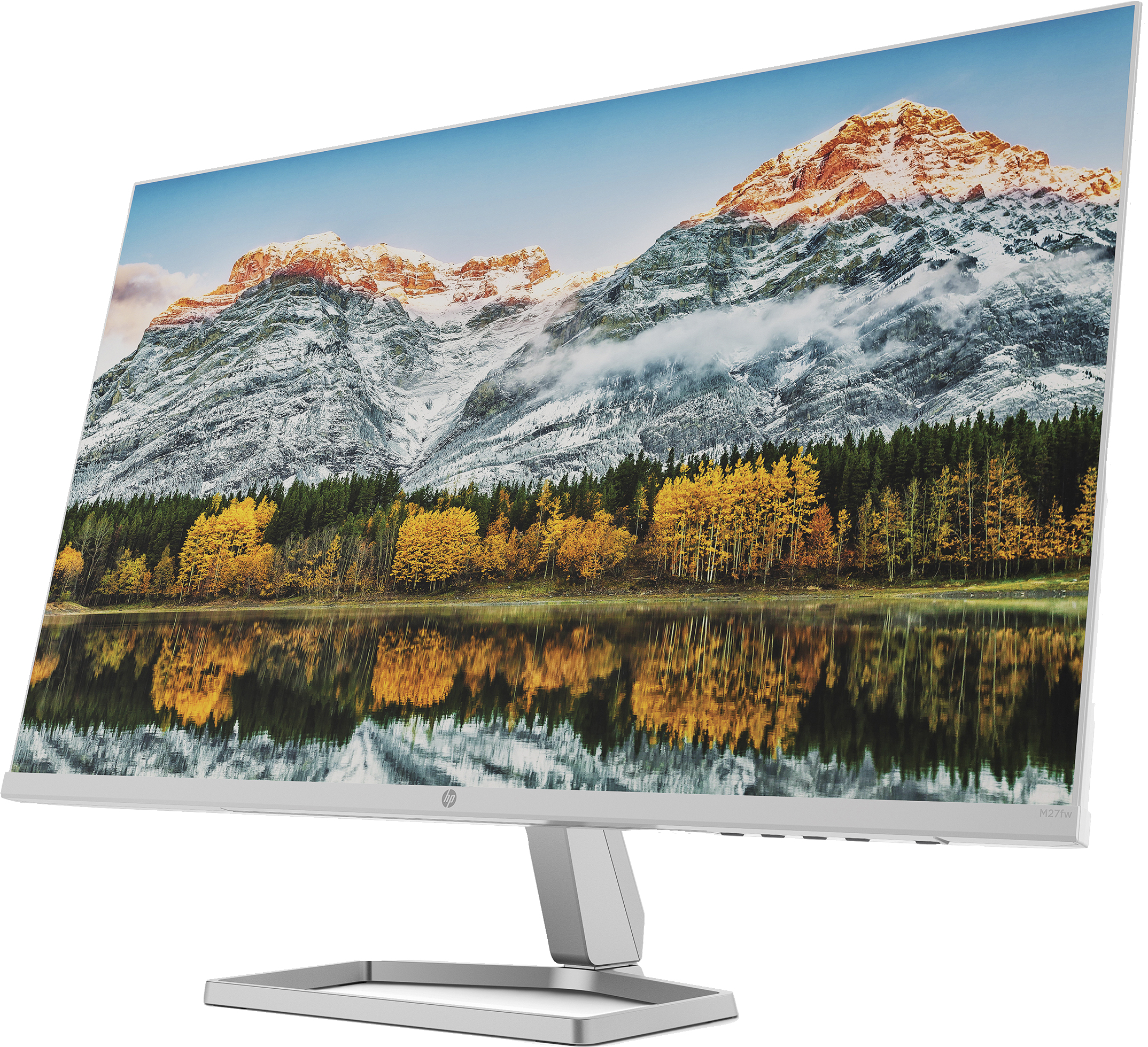 Monitor del computer che mostra una scena di montagna e lago con alberi.