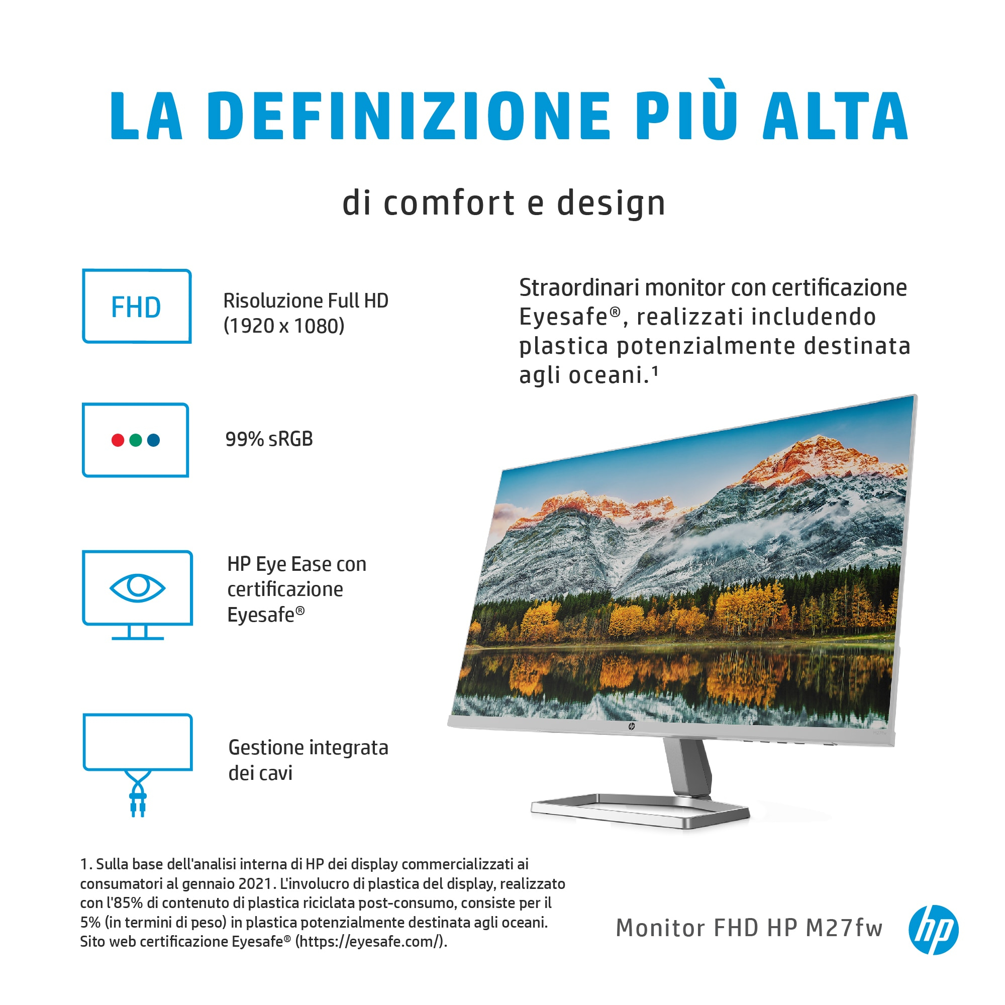 Un monitor con testo sulla risoluzione Full HD, con una scena di montagna visualizzata.