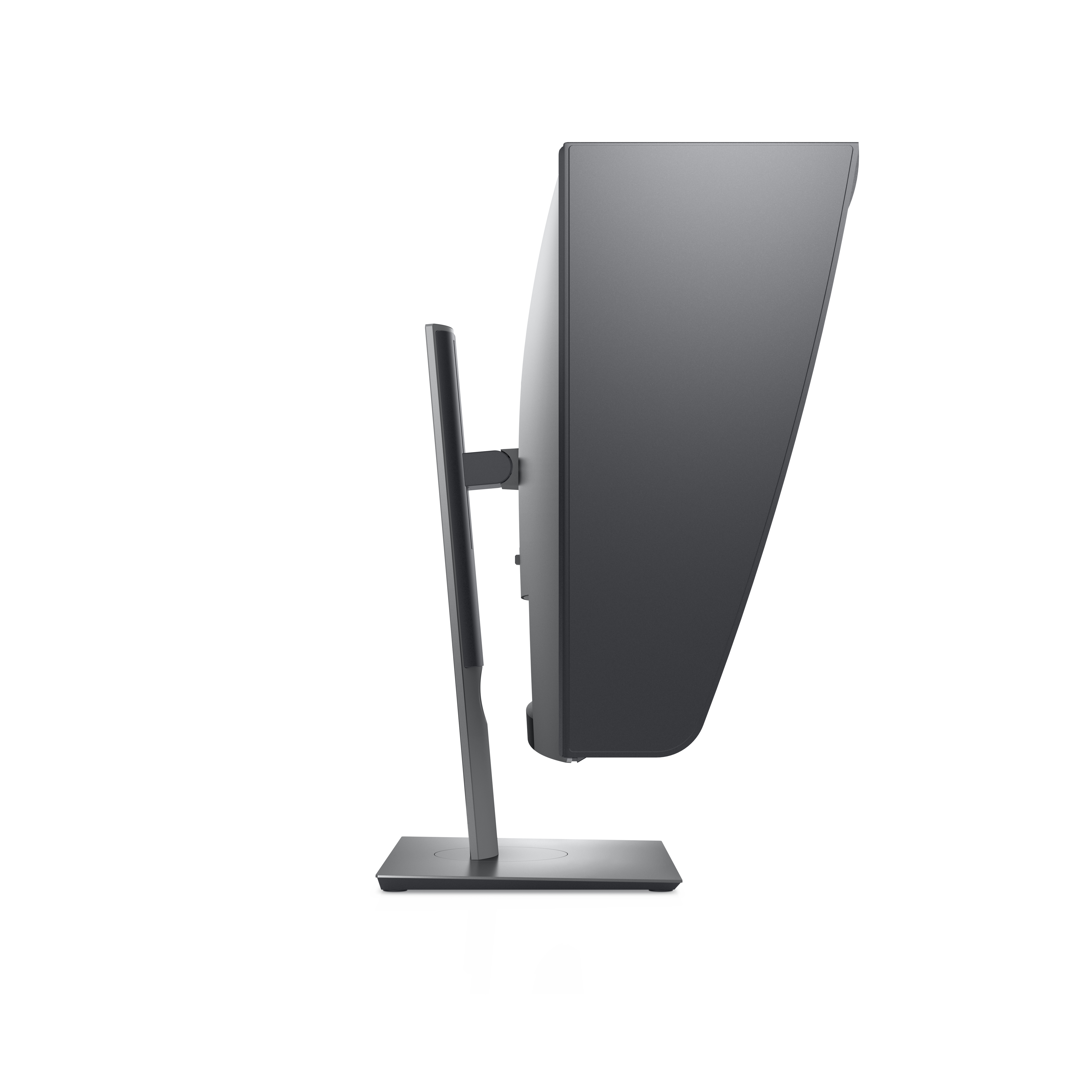 Widok z boku czarnego monitora komputera na srebrnym stojaku. Ekran jest lekko pochylony w stronę widza.