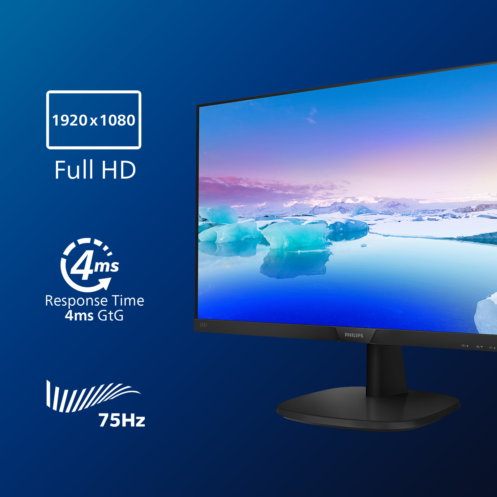 Un monitor Full HD con tempo di risposta di 4ms e frequenza di aggiornamento di 75Hz. Sfondo blu.