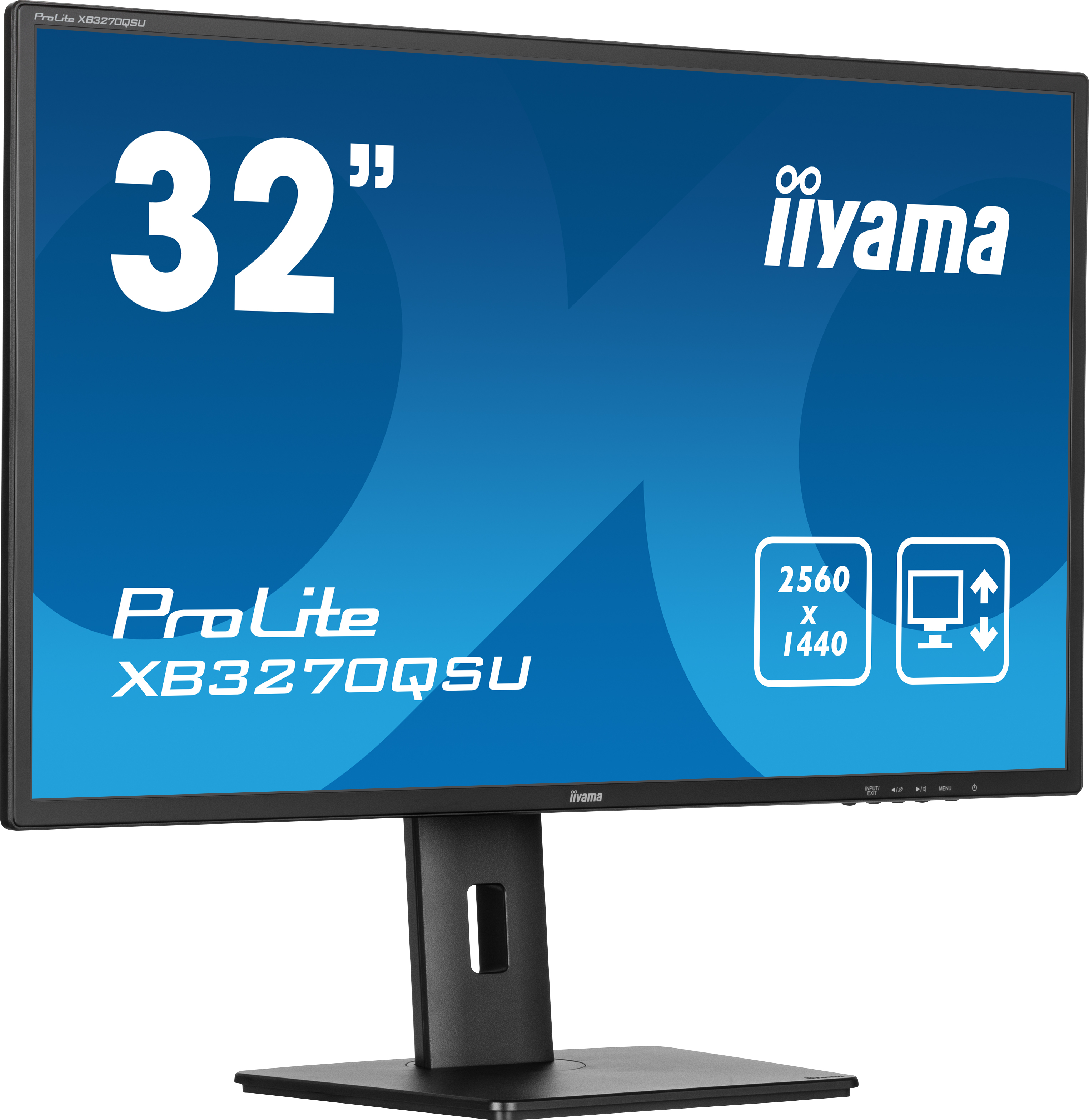 Czarny monitor z niebieskim ekranem i logo iiyama w prawym górnym rogu.