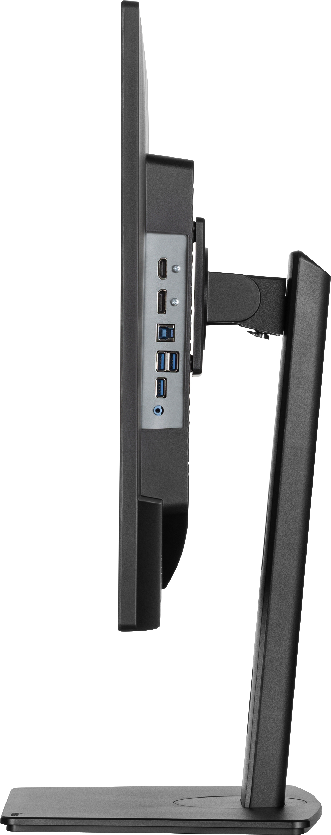 Widok z boku monitora z portami, czarna podstawa. Białe tło.