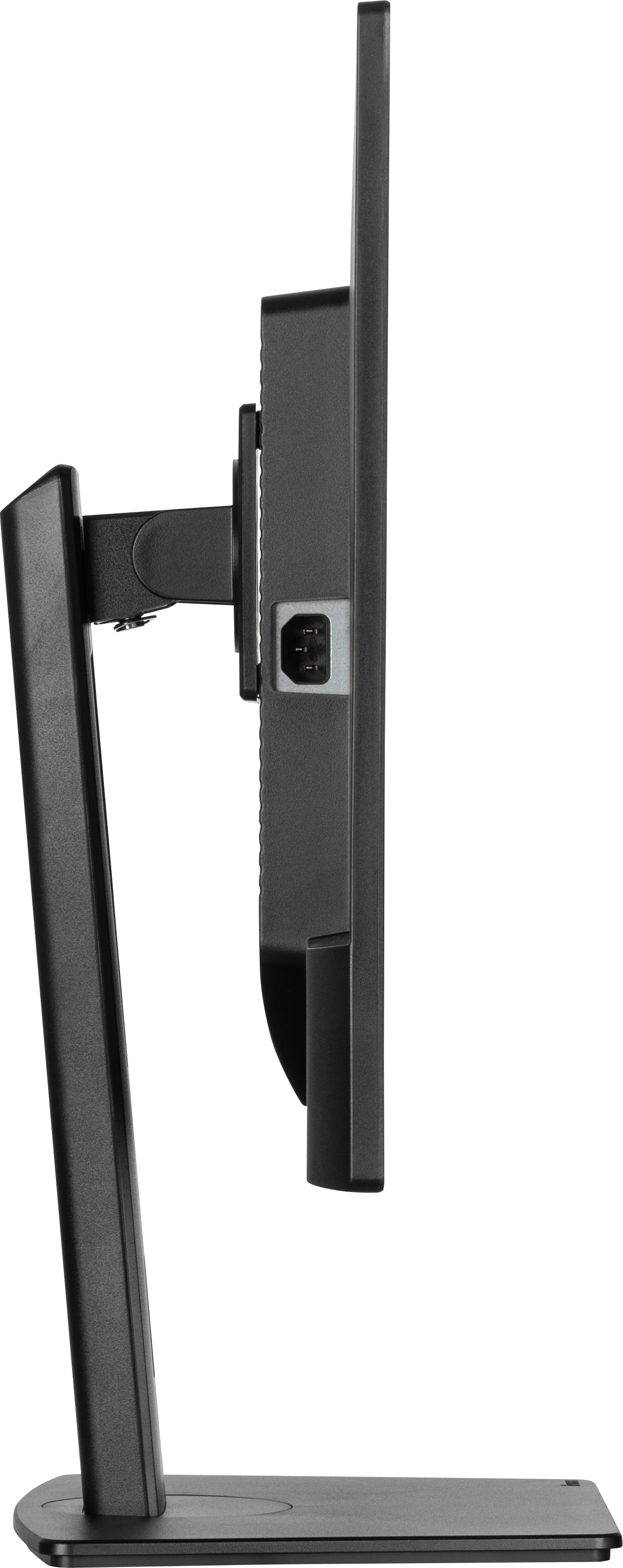 Widok z boku czarnego monitora, pokazujący port zasilania z tyłu, na białym tle.