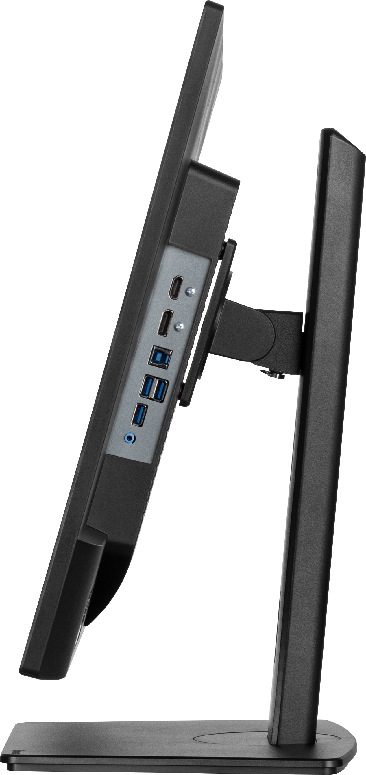 Widok z boku czarnego monitora, pokazujący porty, podstawę i smukły profil ekranu.