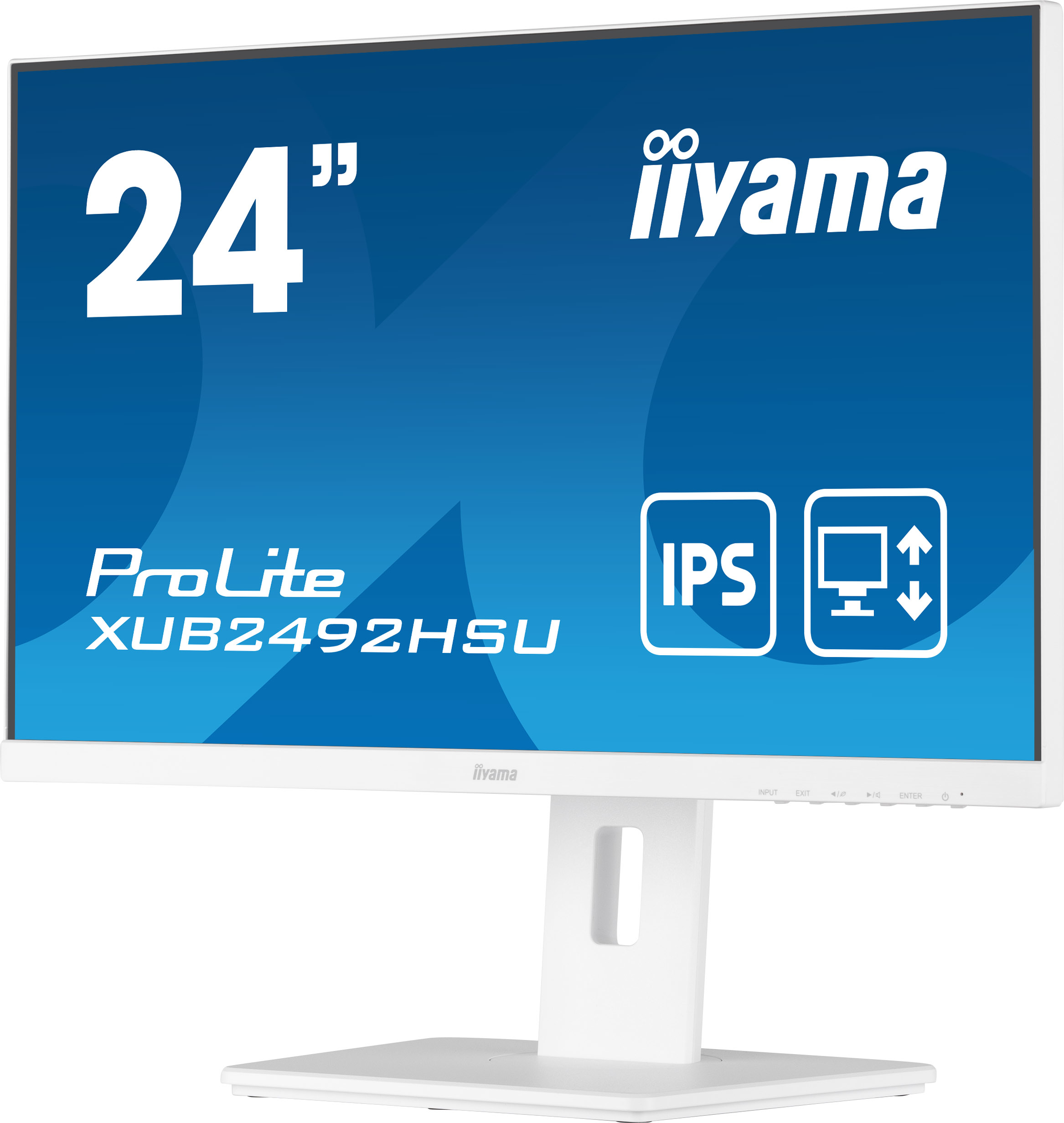 Un monitor bianco con un supporto bianco, che mostra il nome del marchio e le specifiche.