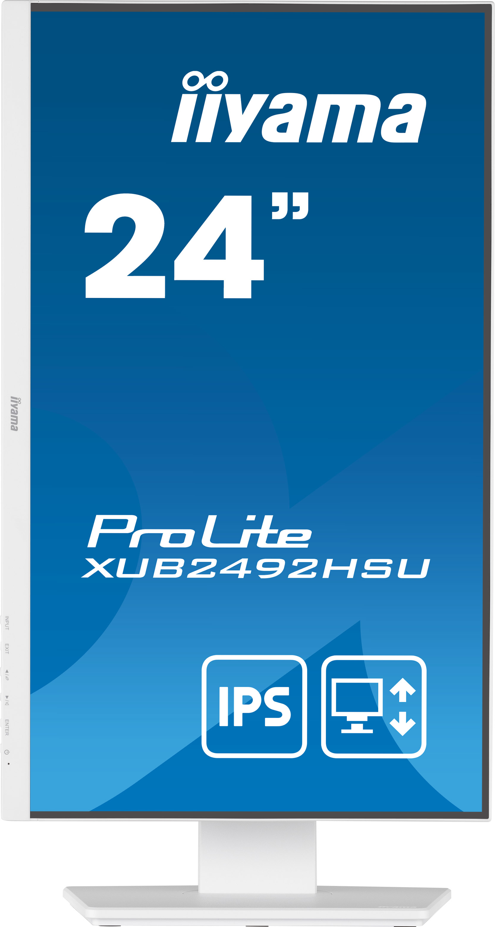 Un monitor bianco con sfondo blu. Lo schermo mostra il testo: 'iiyama ProLite XUB2492HSU'.