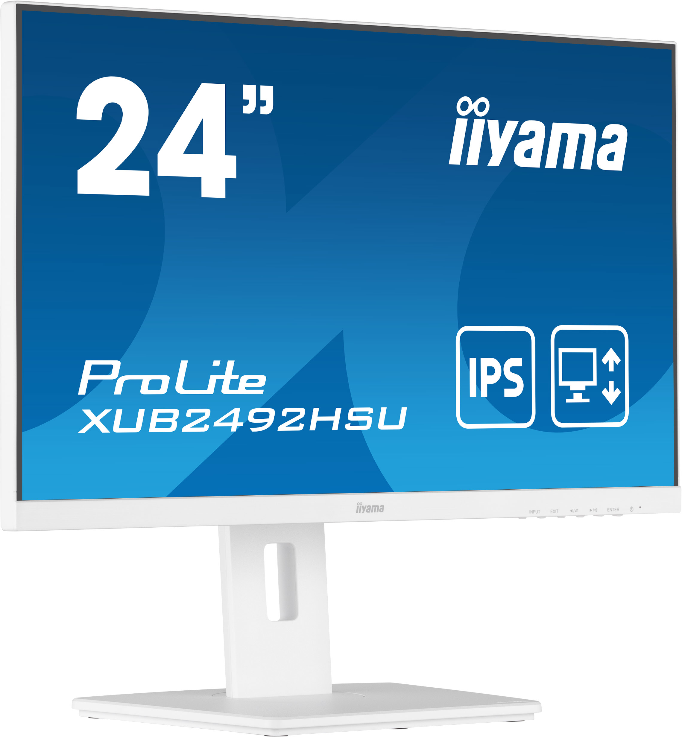 Un monitor di computer bianco con display e testo blu, con un supporto bianco.