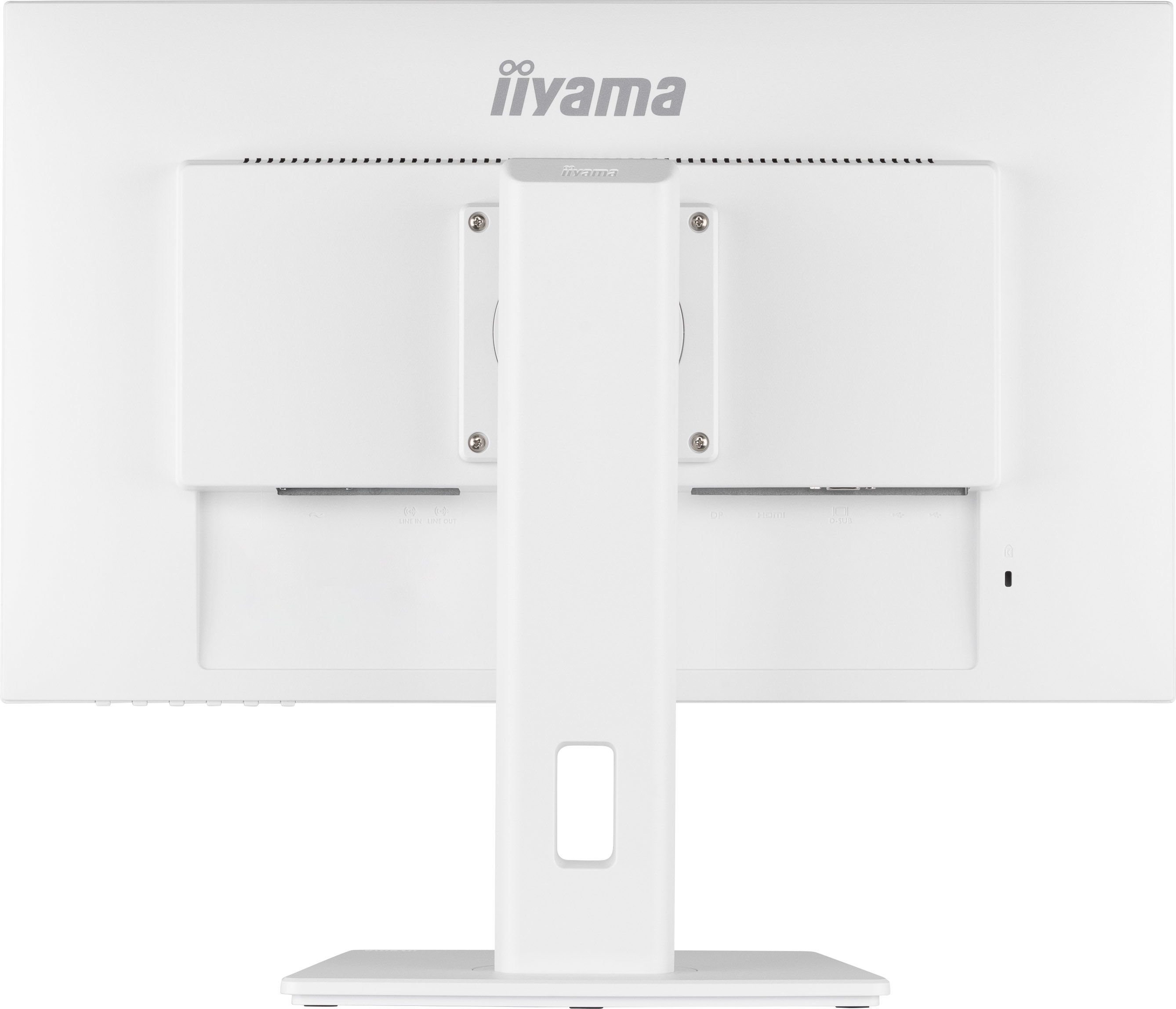 Retro di un monitor bianco con supporto. Ha porte e un logo.
