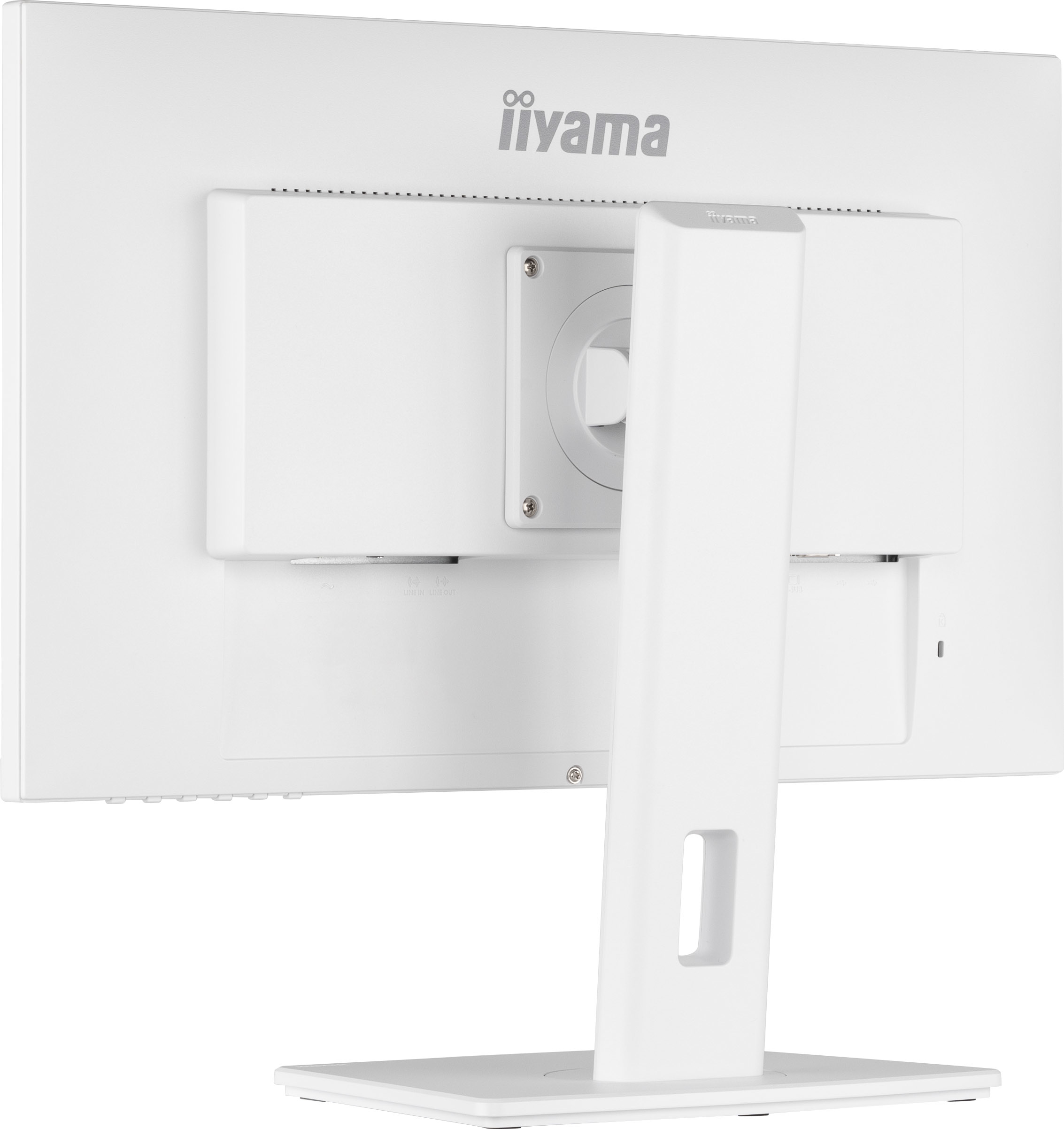 Vista posteriore di un monitor iiyama bianco. Supporto e pannello posteriore bianchi, logo iiyama.
