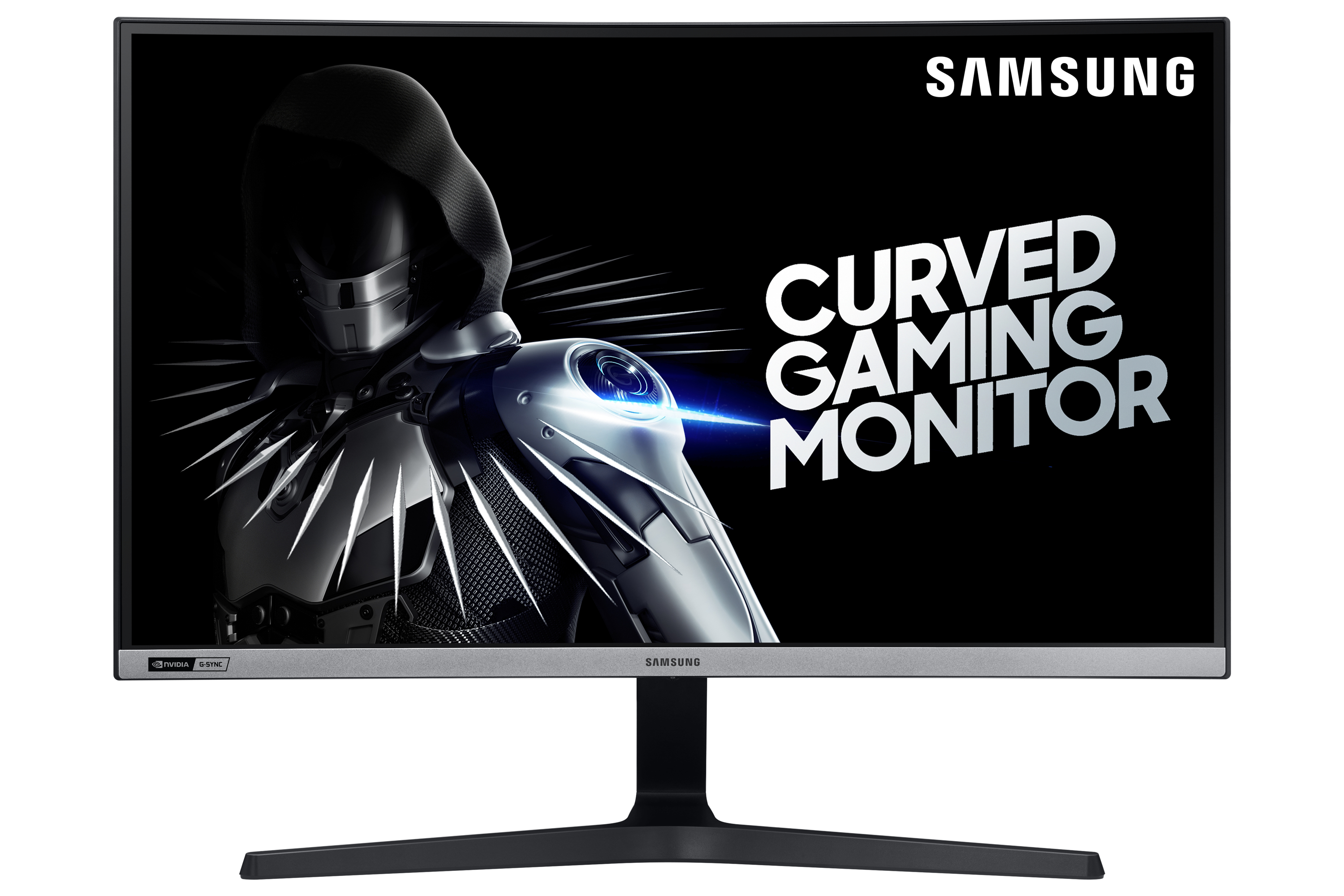 Un monitor curvo per giochi Samsung con sfondo scuro. Il testo dice 'CURVED GAMING MONITOR'.